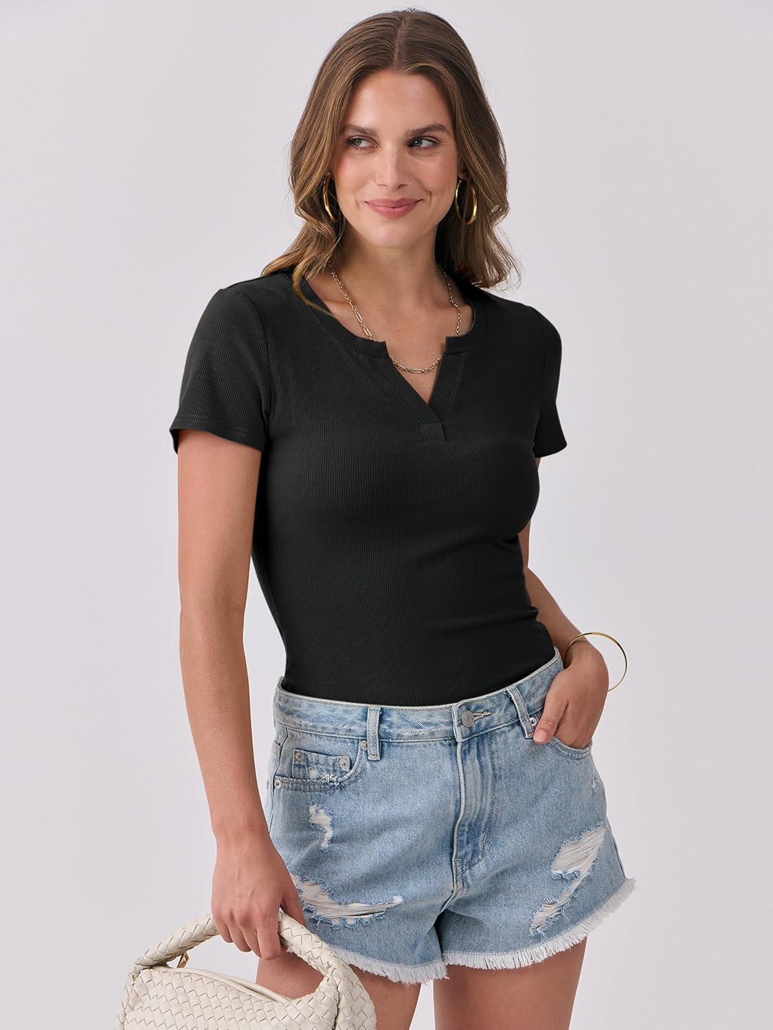 ANRABESS Women Short Sleeve Tops V Neck Rib Knit Slim Fit Shirts Basic Tee 2026 Summer Casual T-Shirt Outfits Clothes - Image 4