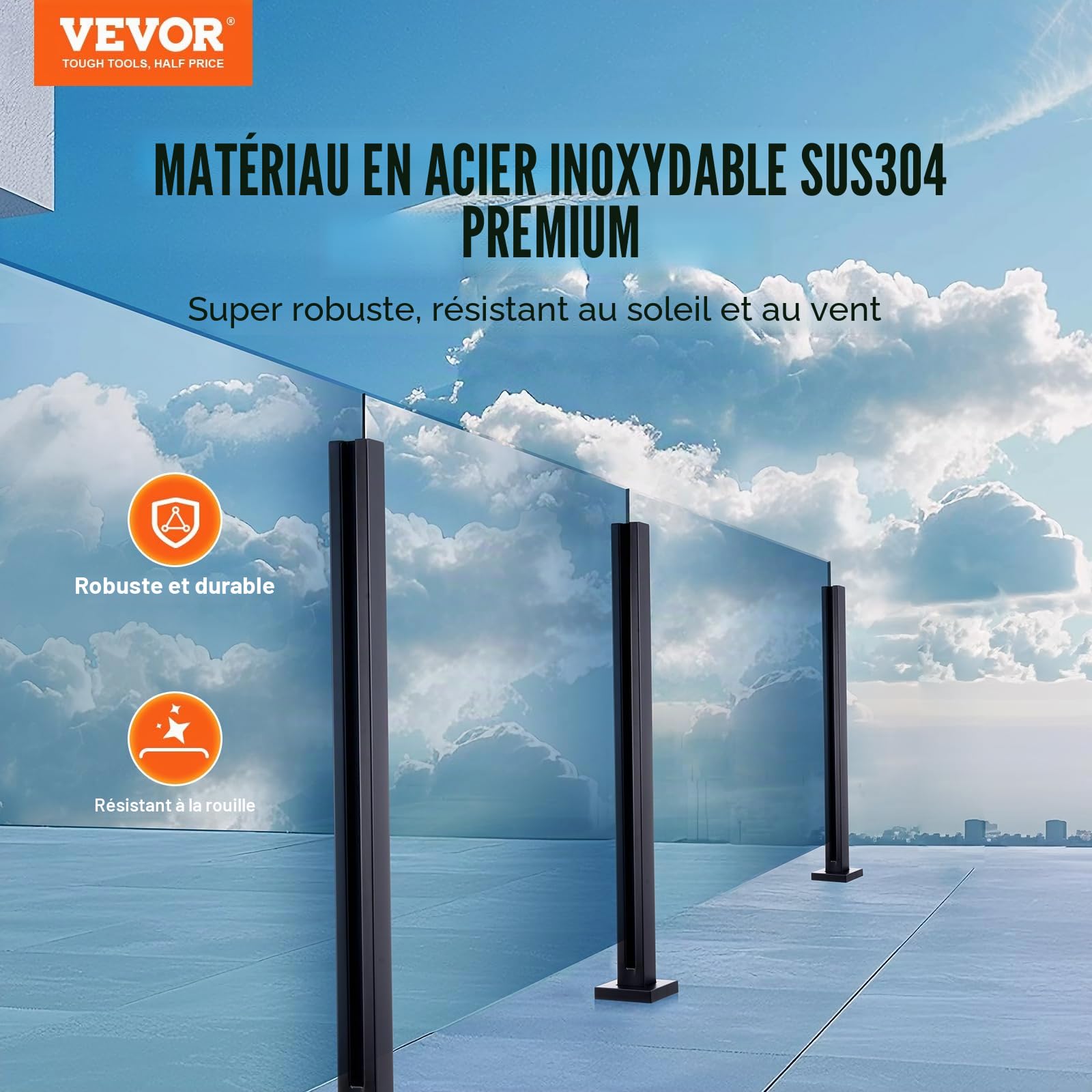 VEVOR Pinces à verre en acier inoxydable 304, pince de clôture en verre de 950 mm de hauteur, support de garde-corps en verre trempé de 10 mm à 12 mm, pour balcon, jardin, terrasse, escalier, noir