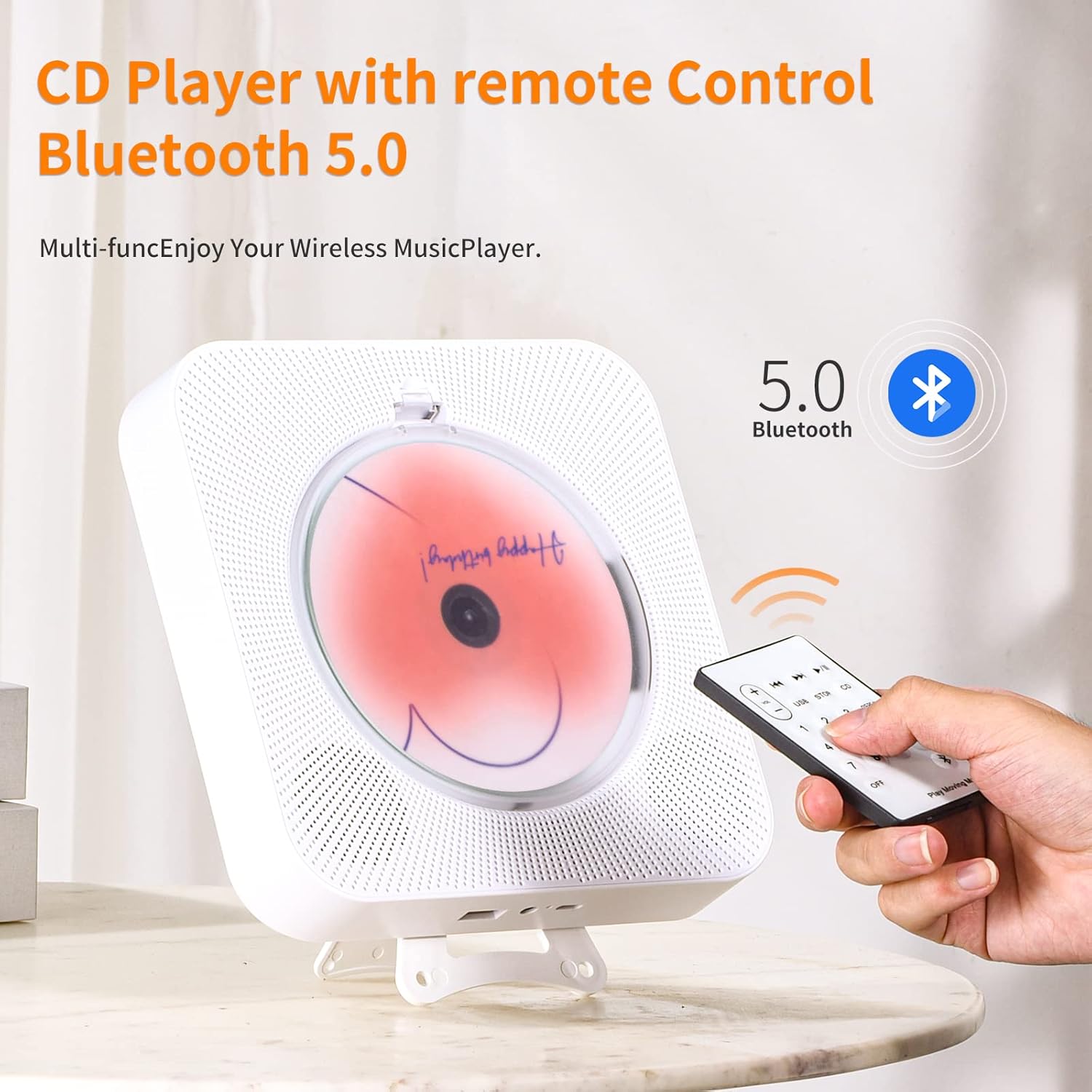 Rechargeable Cute CD Player with Blutooth 5.0; Portable Music Player for Home Decor; Remote Control; Support AUX in Cable&USB; HiFi Bluetooth Player