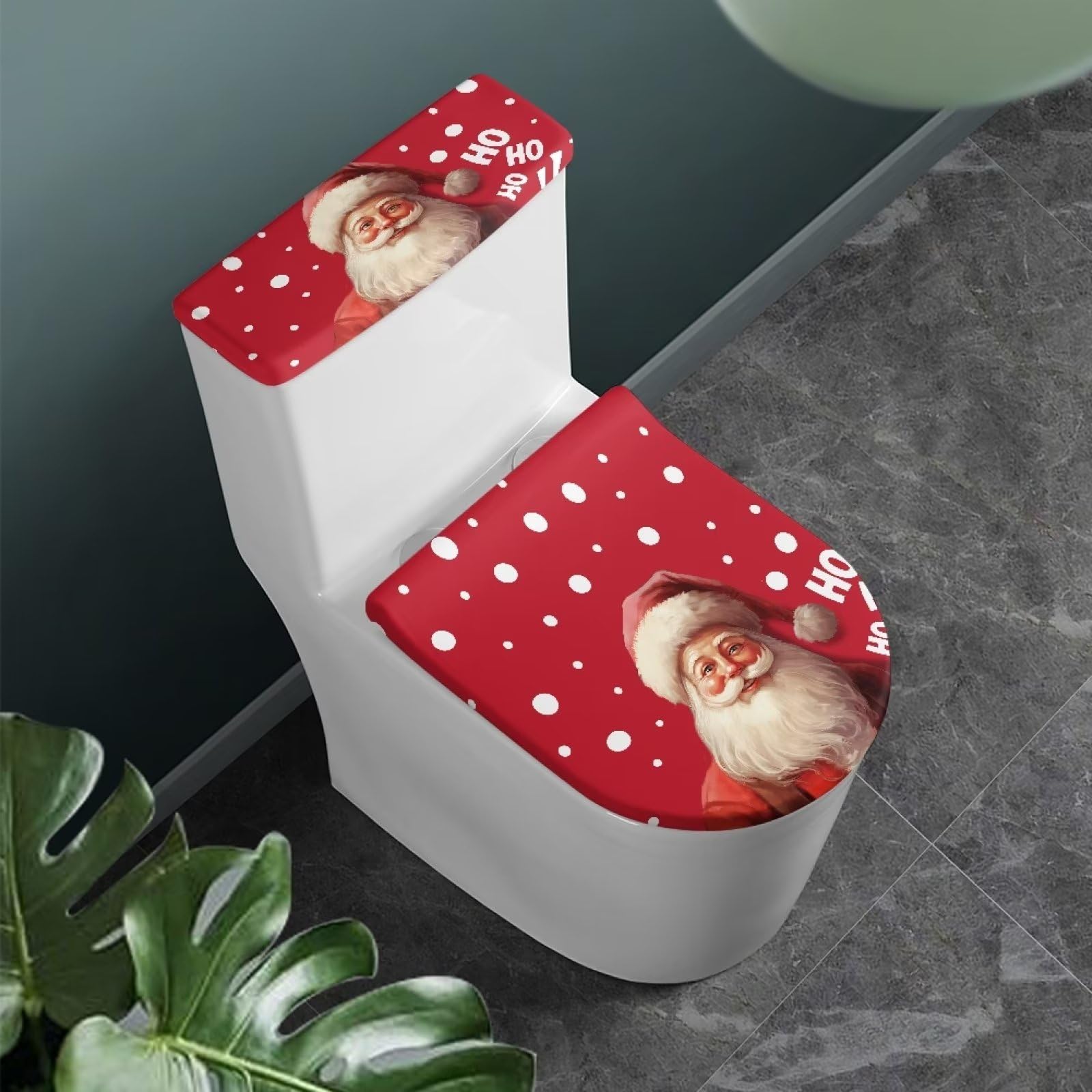 Sellikakes Santa Claus Dot Toilet Lid Cover and Tank Cover Sets for Christmas,Toilet Lid Cover Round/Elongated Dust Cover, Elastic Edges,Thick Toilet Lid & Tank Covers