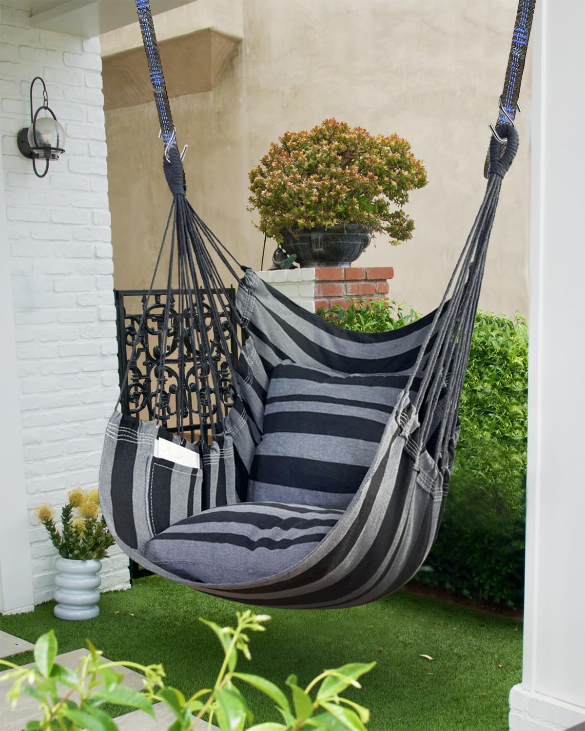 Hamaca colgante hamaca silla columpio de cuerda 2 cojines incluidos, hamaca resistente y duradera de algodón suave tejida a mano para dormitorio, porche, patio, interior/exterior 2