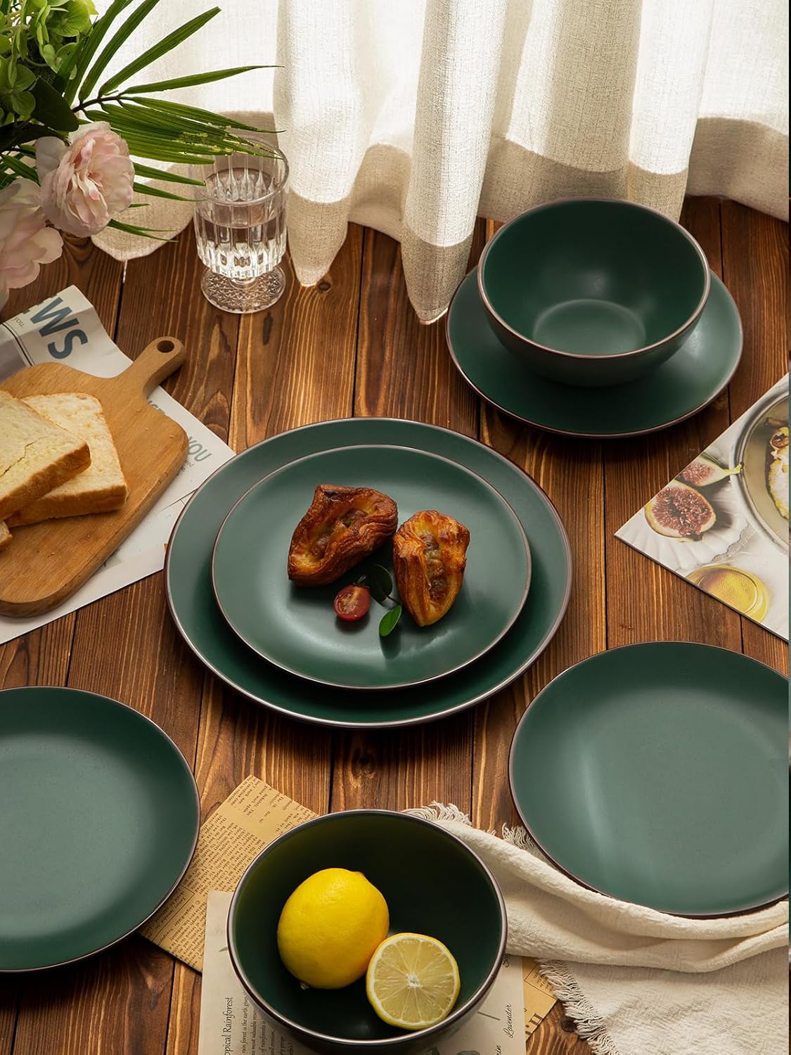 Famiware Venus Plates and Bowls Sets, 12 Pieces Stoneware Speckled Dinnerware Sets, Dishes Set for 4, Microwave and Dishwasher Safe, Matte Dark Green - Image 8