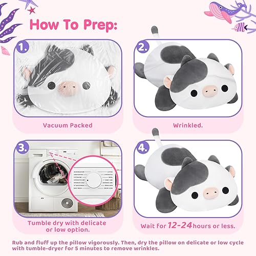 Miniatura 9 de Linda almohada de peluche de vaca, peluche Kawaii de vaca blanca, peluches esponjosos, almohada corporal para niños y niñas (13 pulgadas)