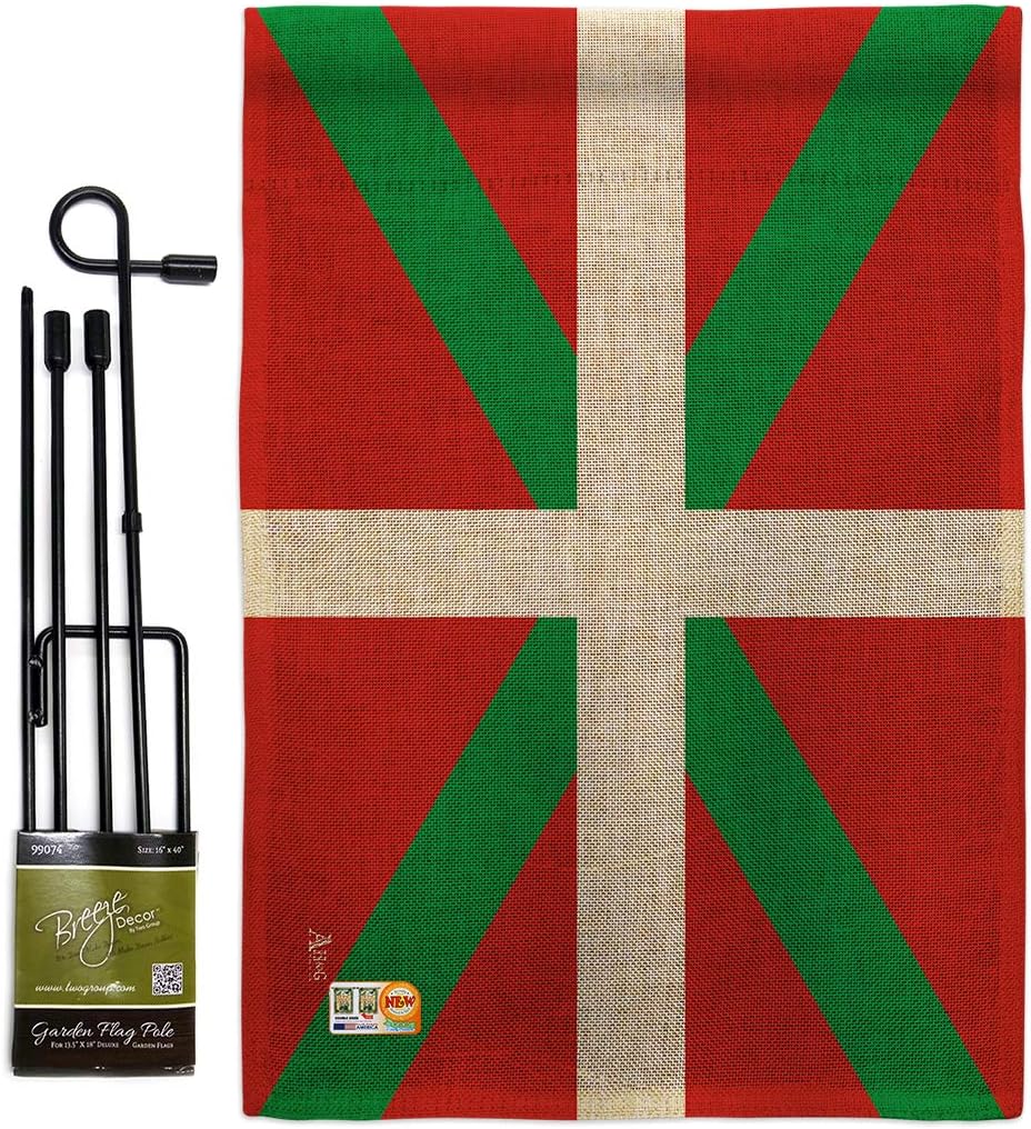 Basque Country Burlap Garden Flag Set with Stand Regional Nationality Nation International World Particular Area Small Decorative Gift Yard House Banner Double-Sided Made In USA 13 X 18.5
