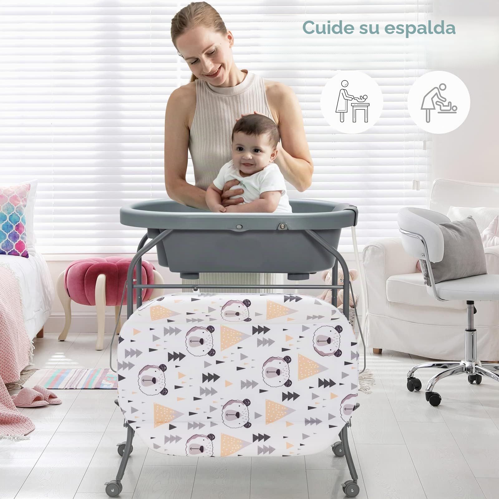 GOPLUS 4 en 1 Cambiador con Bañera, Cambiador de Pañales Plegable y Portátil con Bandeja de Almacenamiento y 4 Ruedas Universales con Frenos, para Bebés de 0-12 Meses, Carga hasta 35 kg (Gris)