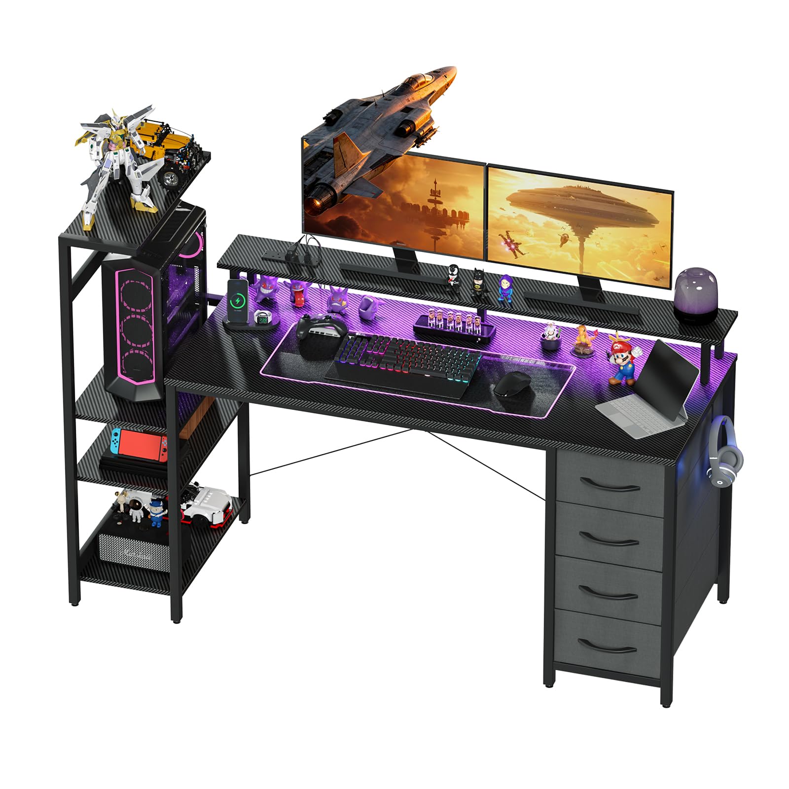 YOUDENOVA Gaming Desk with 4 Drawers, Computer Desk with LED Lights & Power Outlets, 150×48 cm Reversible Office Desk with Monitor Stand, Black PC Desk with Shelves & Headphone Hook