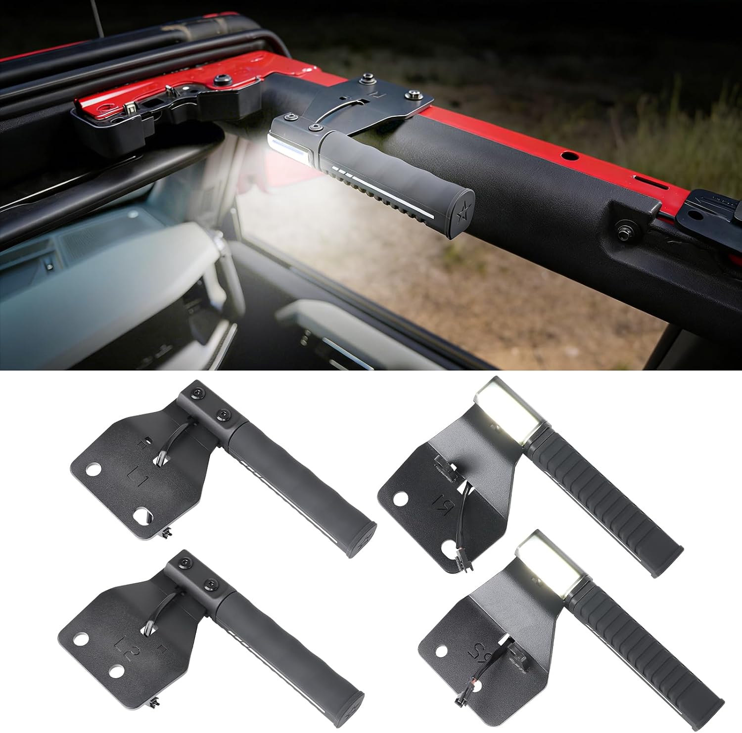 4pcs Front Rear Grab Handles with LED Lights Compatible with Ford Bronco 2026 2025 2024 2023 2022 2021 2/4-Door Aluminum Grip Handle Dome Lamp Interior Accessories (NOT for Bronco Sport)