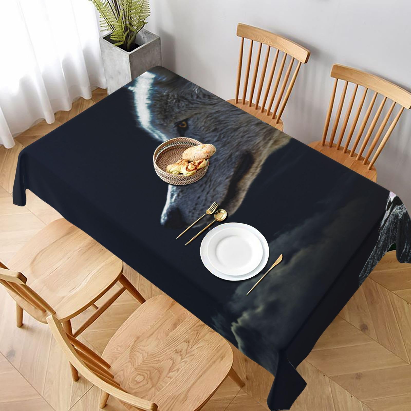 BNVSADC Full-Moon Wolves 3D Printed Rectangle Tablecloth 228x152 CM, Water Resistant Polyester Table Cloth Decorative Fabric Table Covers for Kitchen Dining Table Parties Camping