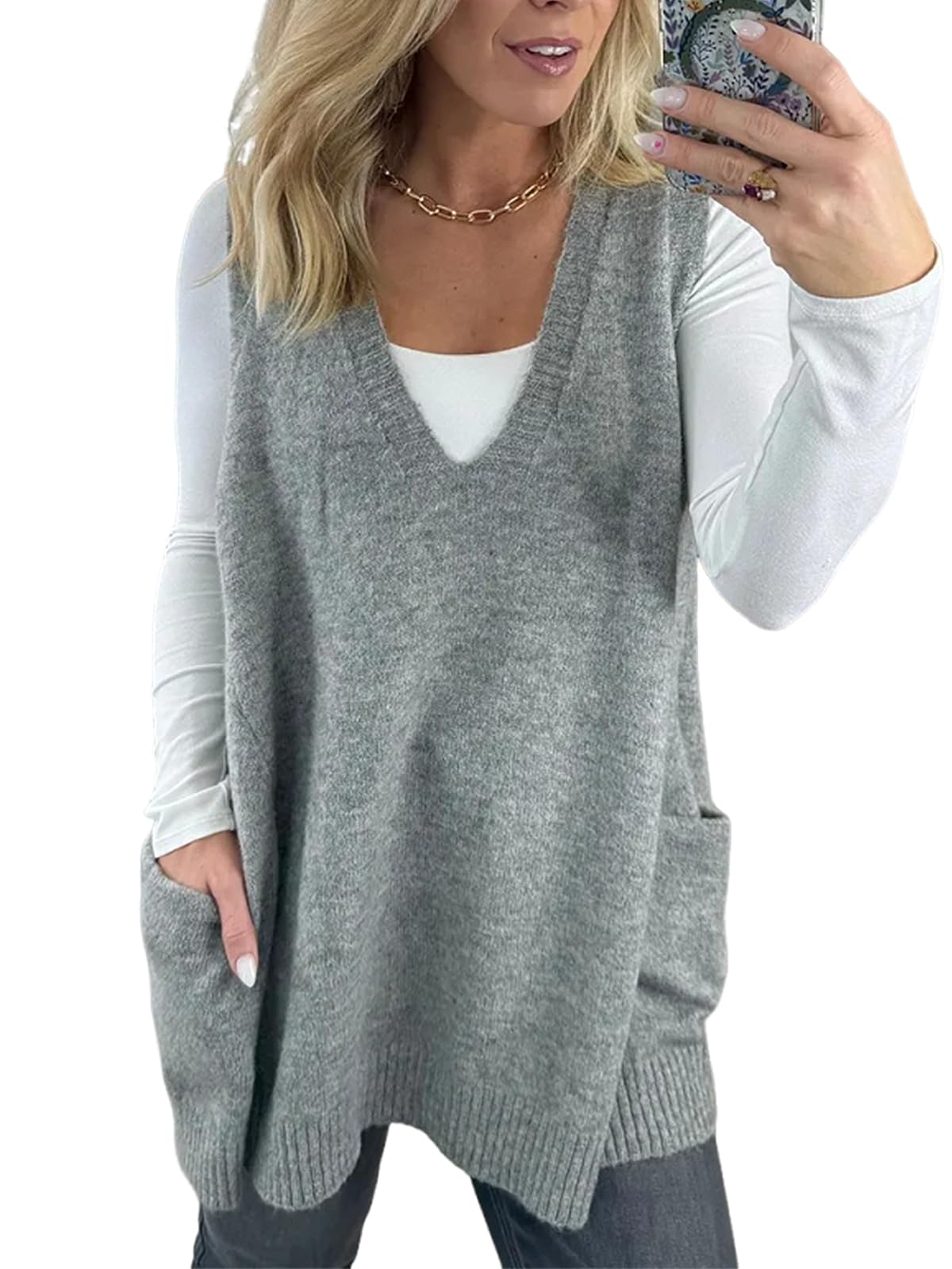 utcoco Sweater Vest Women Sleeveless V Neck Oversized Pullover Knit Tunic Tops with Pockets 2025 Fall Outfits