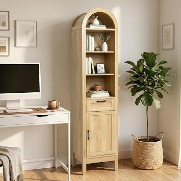 Narrow 71" Tall Wood Cabinet with Adjustable Shelves | Arched Storage Cabinet, 1 Door & 1 Drawer, Moisture-Resistant, Anti-Tipping, Sleek, Sturdy, Cam Lock, Space-Saving,