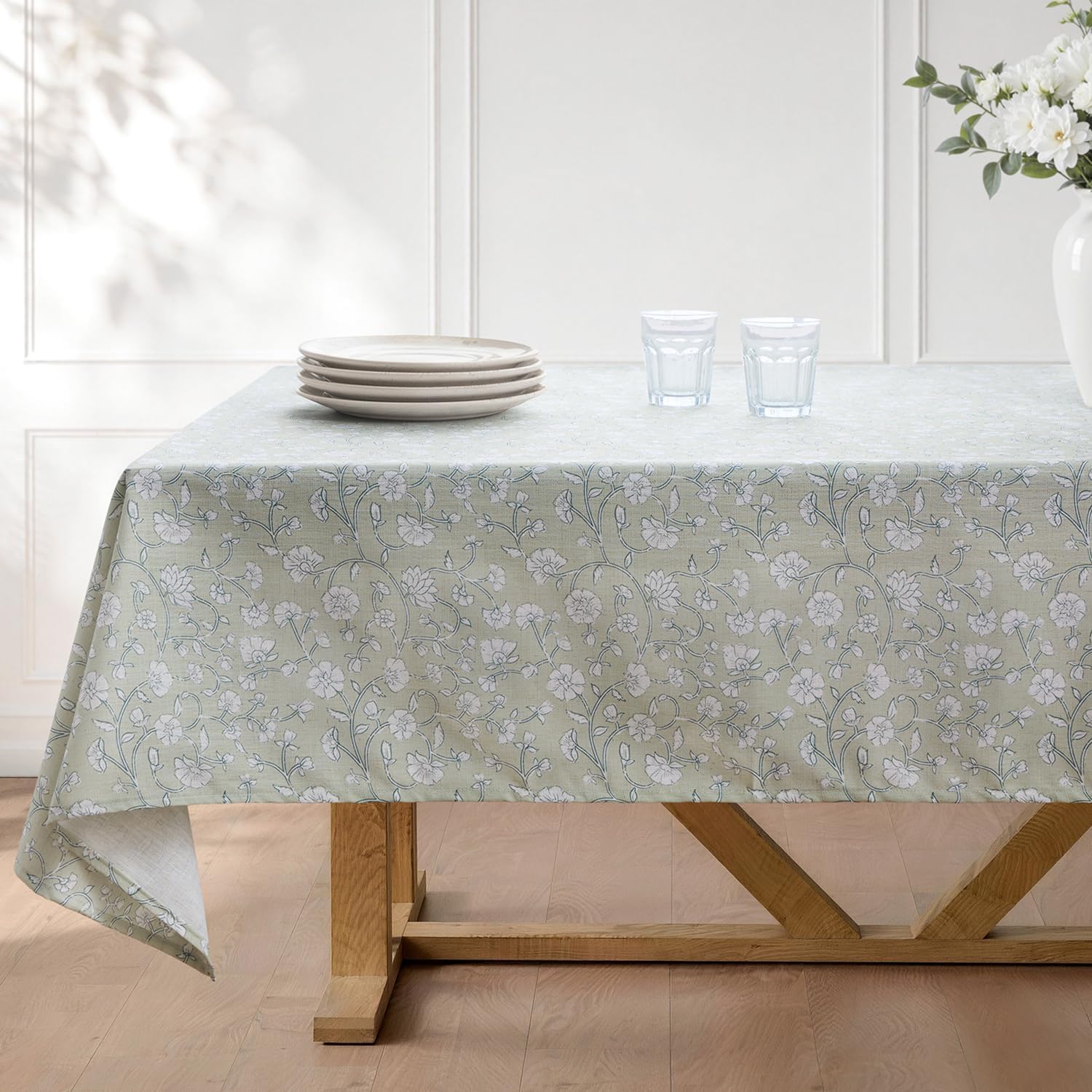 Waterproof Rectangle Tablecloth 52" x 70", Sage Green Floral Vine Linen Blend Tablecloth, Spill-Resistant French Country Table Cover for Dining Table, Buffet, Party