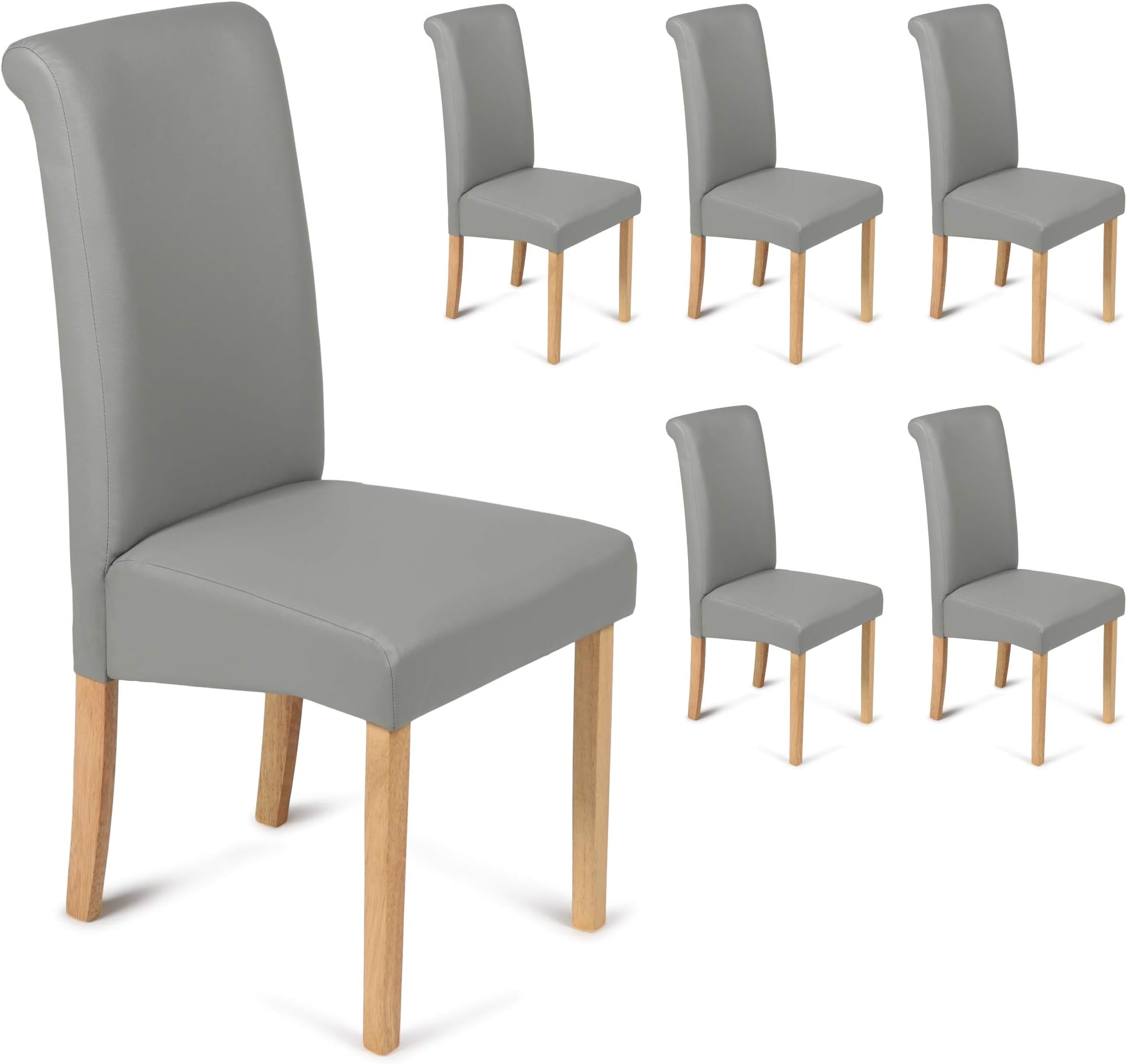 Your Price Furniture.comYour Price Furniture.com Set of 6 Matt Grey Faux Leather Scroll Top Roma Dining Chairs Grey With Padded Seat & Oak Finish Legs