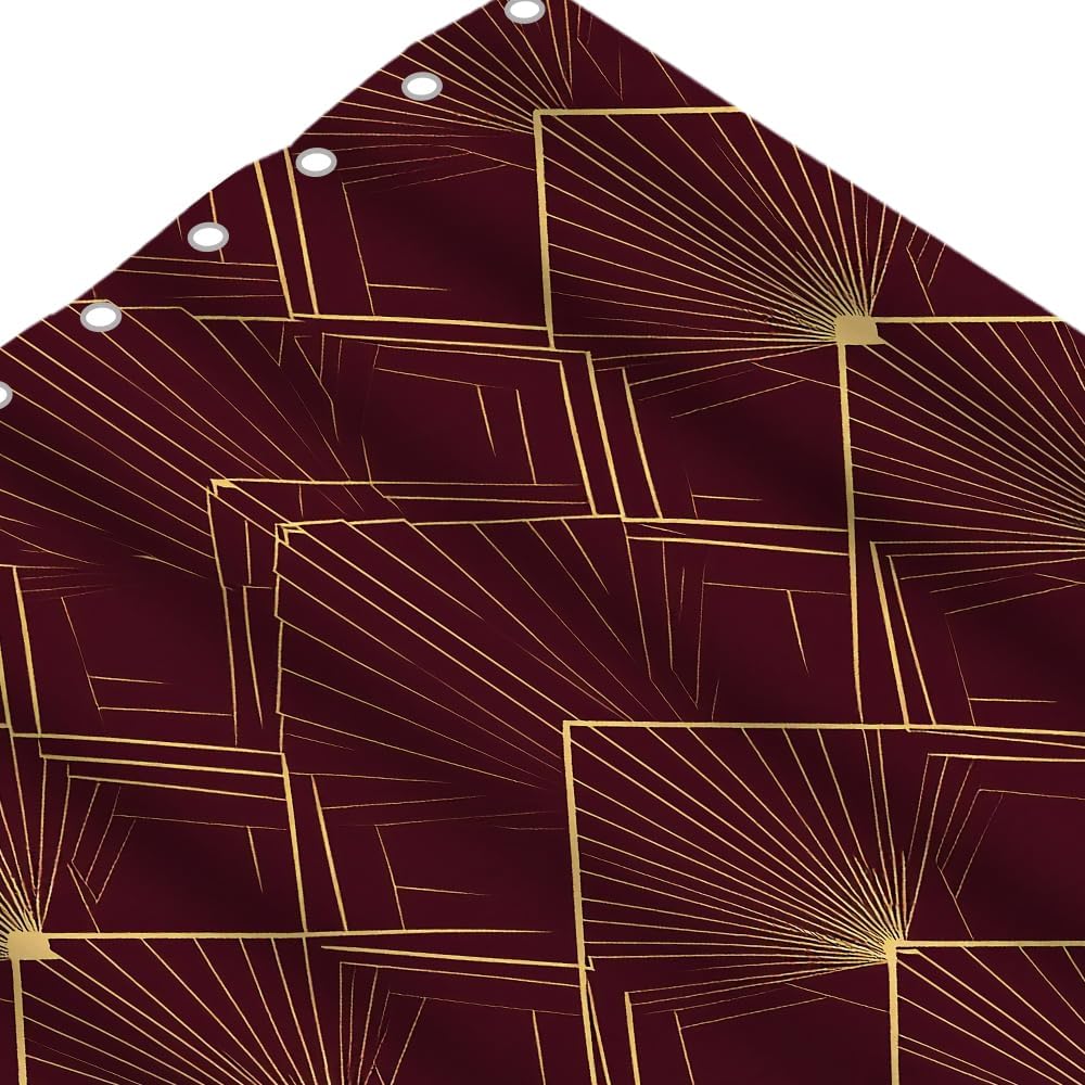 IBILIU Art Deco Shower Curtains for Bathroom 72X72 Inches,Geometric Gold and red line Art Maroon Polyester Fabric Shower Curtains Set with 12 Hooks