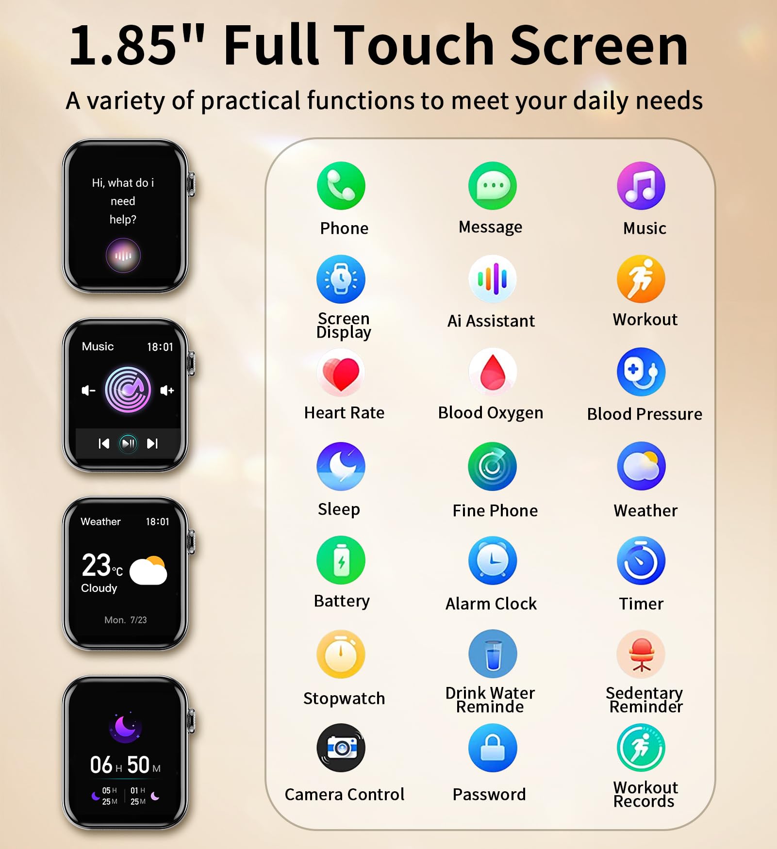 Smart Watch voor mannen vrouwen, 1.96 (5 cm) smartwatch
