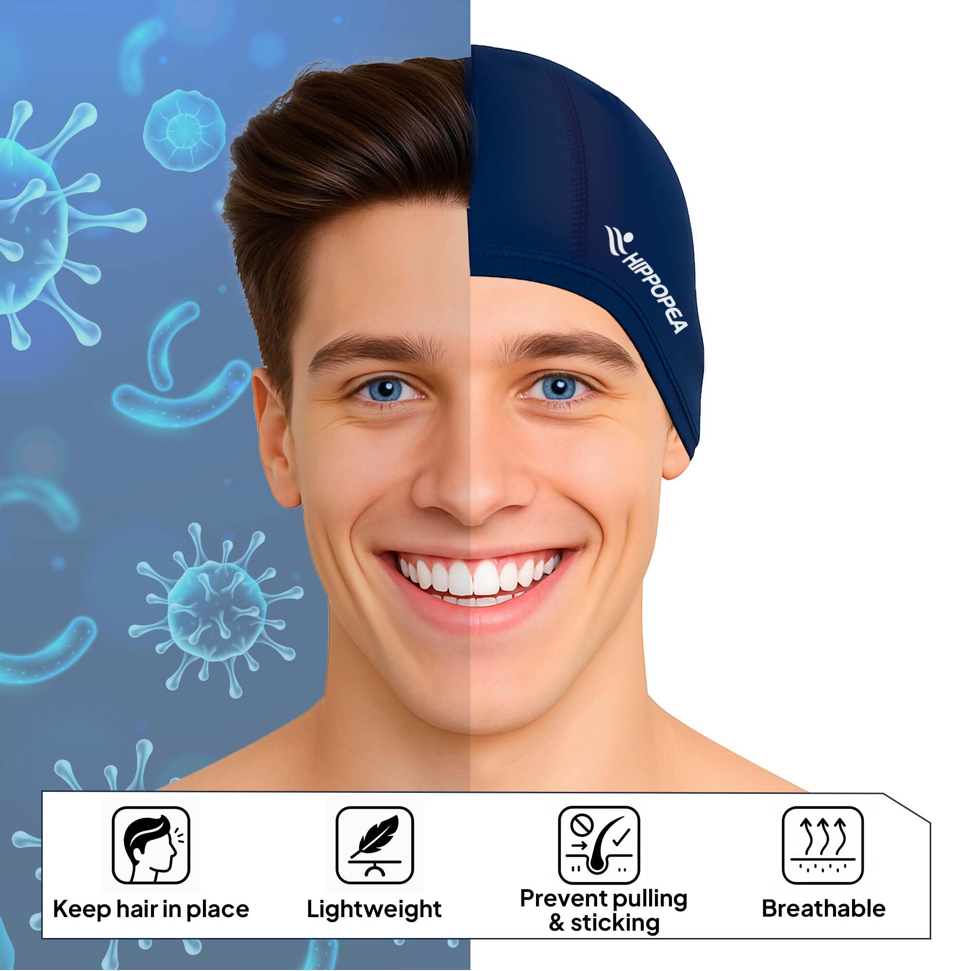 HIPPOPEA Fabric Swim Cap for Adult Women & Men, High Elasticity Lycra Cloth Swimming Cap, Breathable, Lightweight & Comfortable, Fit Both Long Hair and Short Hair (Deep Blue)