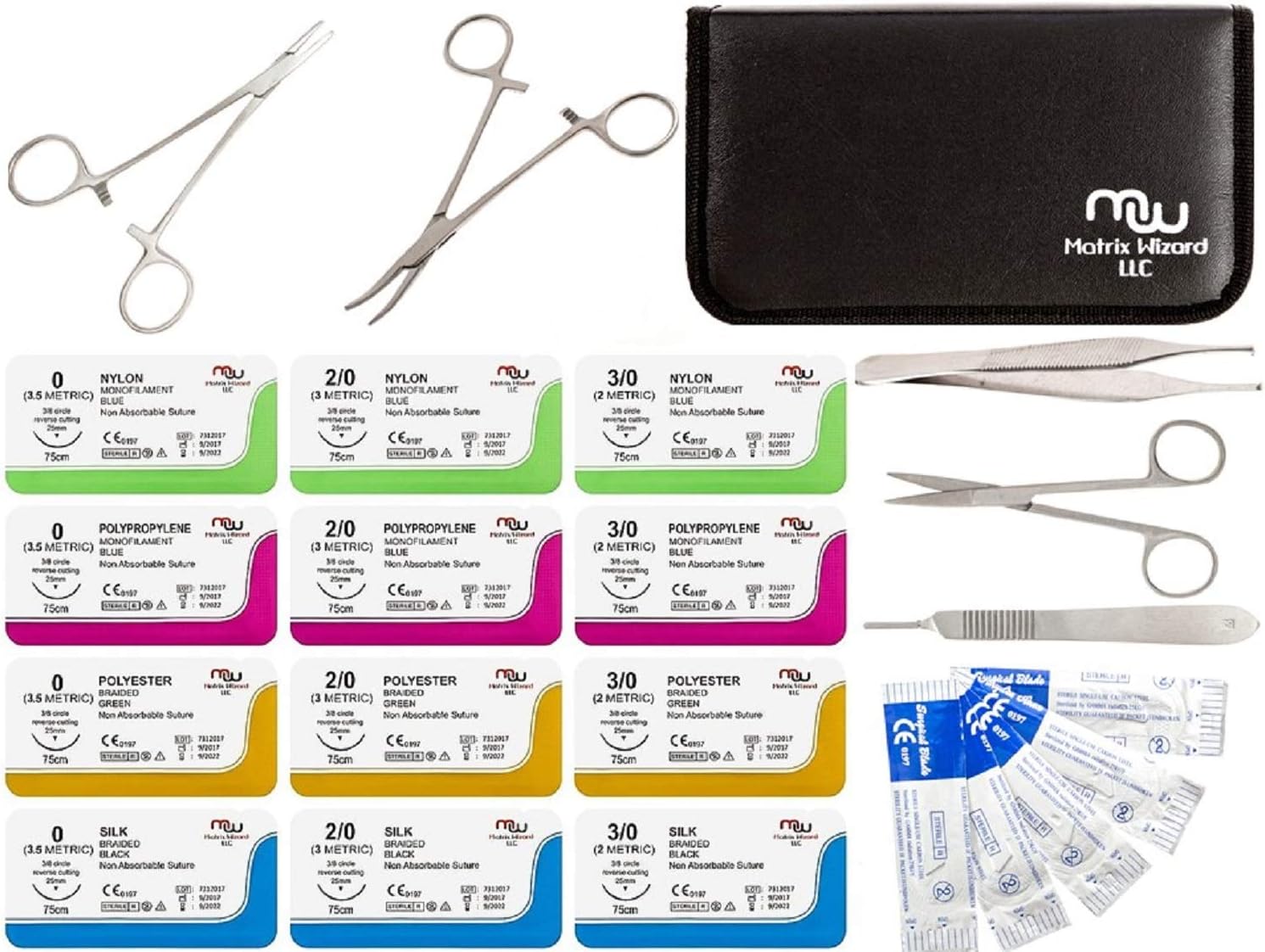 Sutures Thread with Needle and Tools - Medical, Nursing, EMT, Vet Student's Surgical Practice Kit; Tactical Training Set; Outdoor Survival Demo; First Aid Learning (0, 2/0, 3/0 w 12 Tools) 24PK Kit