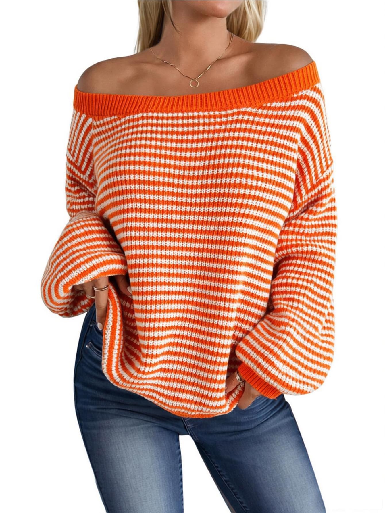 MARZXIN Women's 2026 Fall Long Sleeve Sweaters Casual Loose Striped Off Shoulder Casual Oversized Knitted Sweater Pullovers