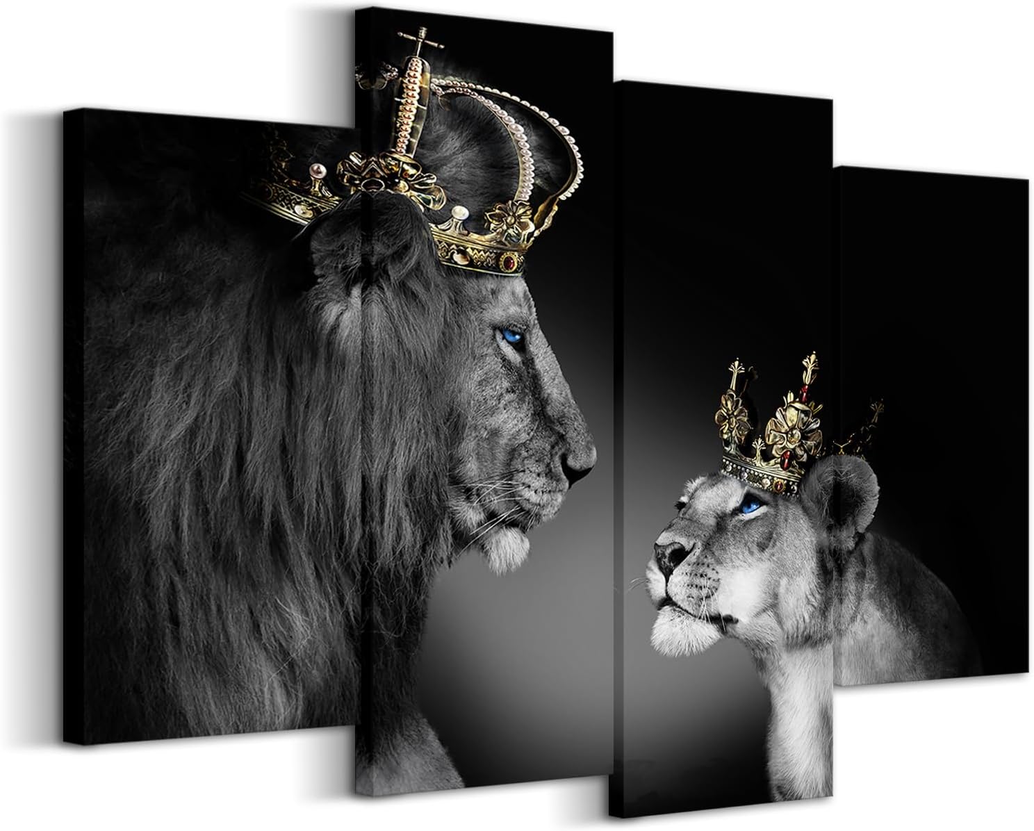 Large 4 Panel Wall Decor The Lion King and Queen with Crown Wall Art African Wild Animals Canvas Prints Pictures Black and White Modern Giclee Framed Artwork for Master Room Ready to Hang 48x33inch