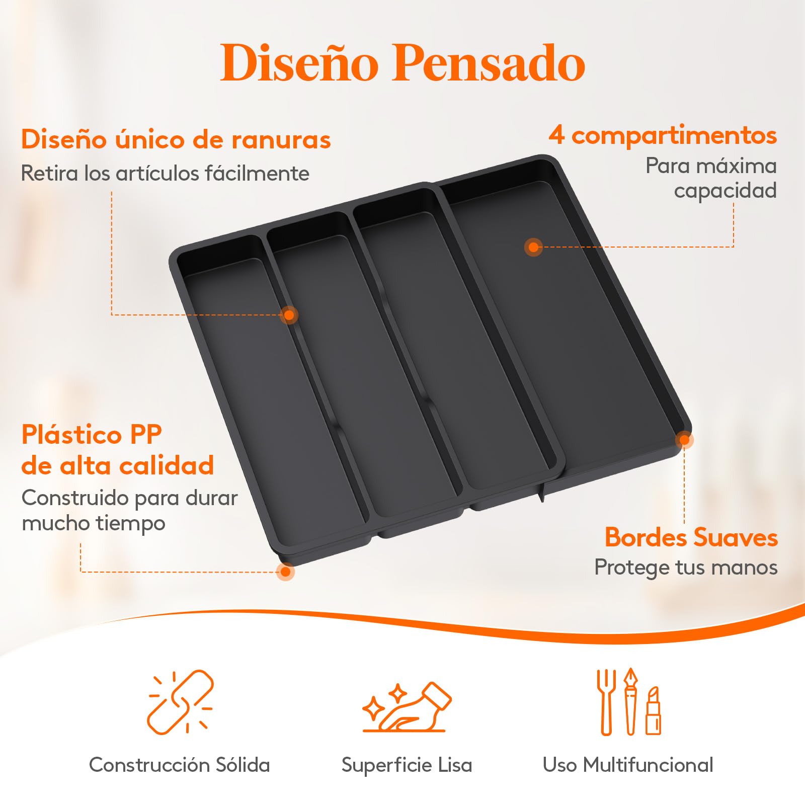 Lifewit Organizador Menaje de Cocina, 3 Compartimentos Bandeja Cubiertos Extensible Cajon y 4 Compartimentos Soporte Utensilios para Encimera, Separador Herramientas para Bandeja Armario, Negro