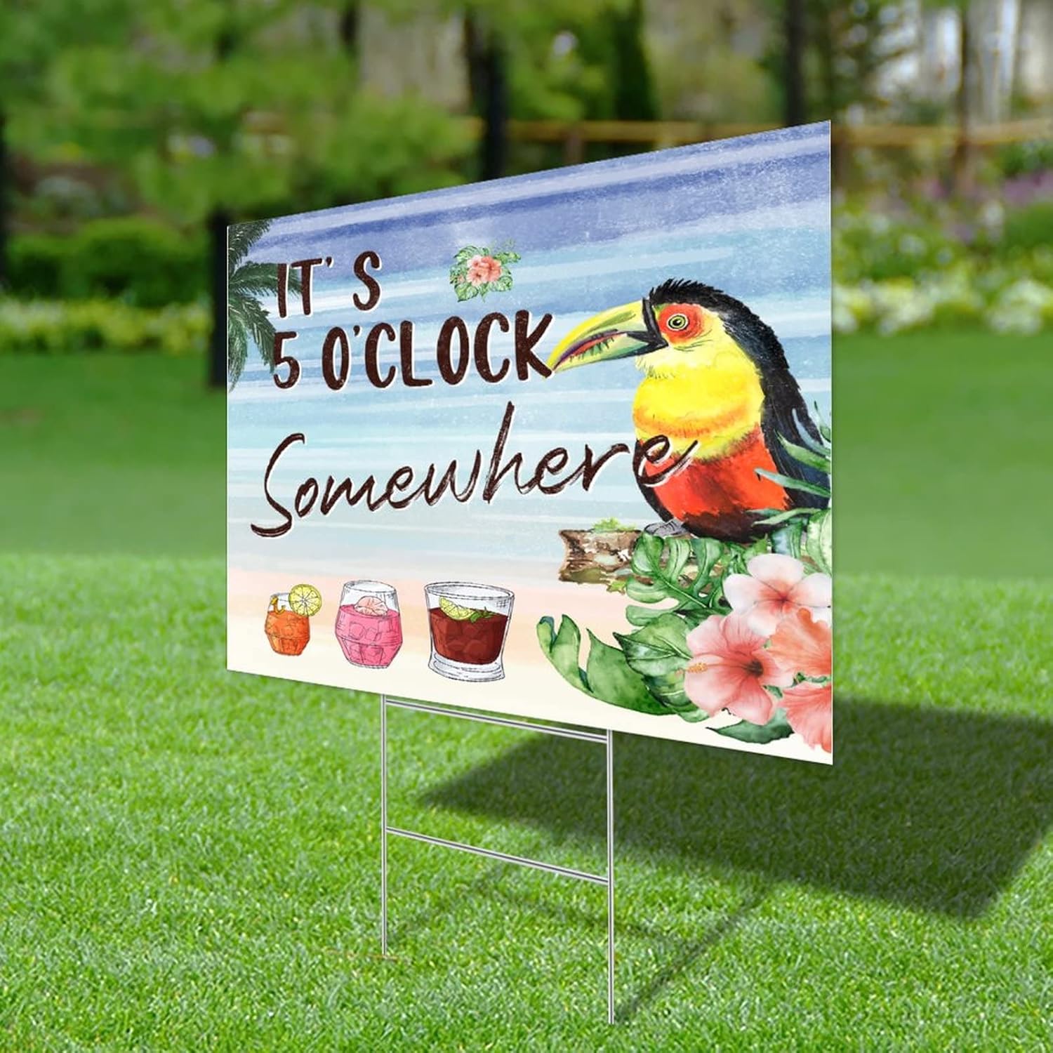 Tiki Decor Plastic Yard Lawn Sign Free H Wire Stakes 18x24 Inch It's 5 O'Clock Somewhere Parrot Floral Drinks Yard Signs Fade Resistant Ink 2-Sided Yard Signs Custom Lawn Decorations
