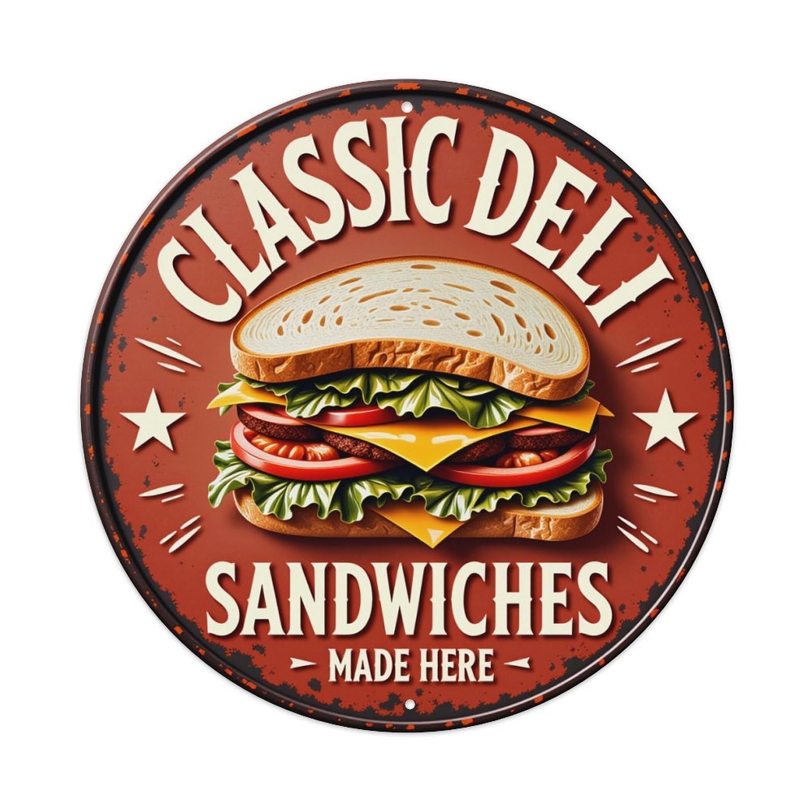 Classic Deli Sandwiches Made Here Round Tin Sign Vintage Style Metal Sign Home Bar Garden Wall Plaque Decor Metal Poster 8x8 Inch