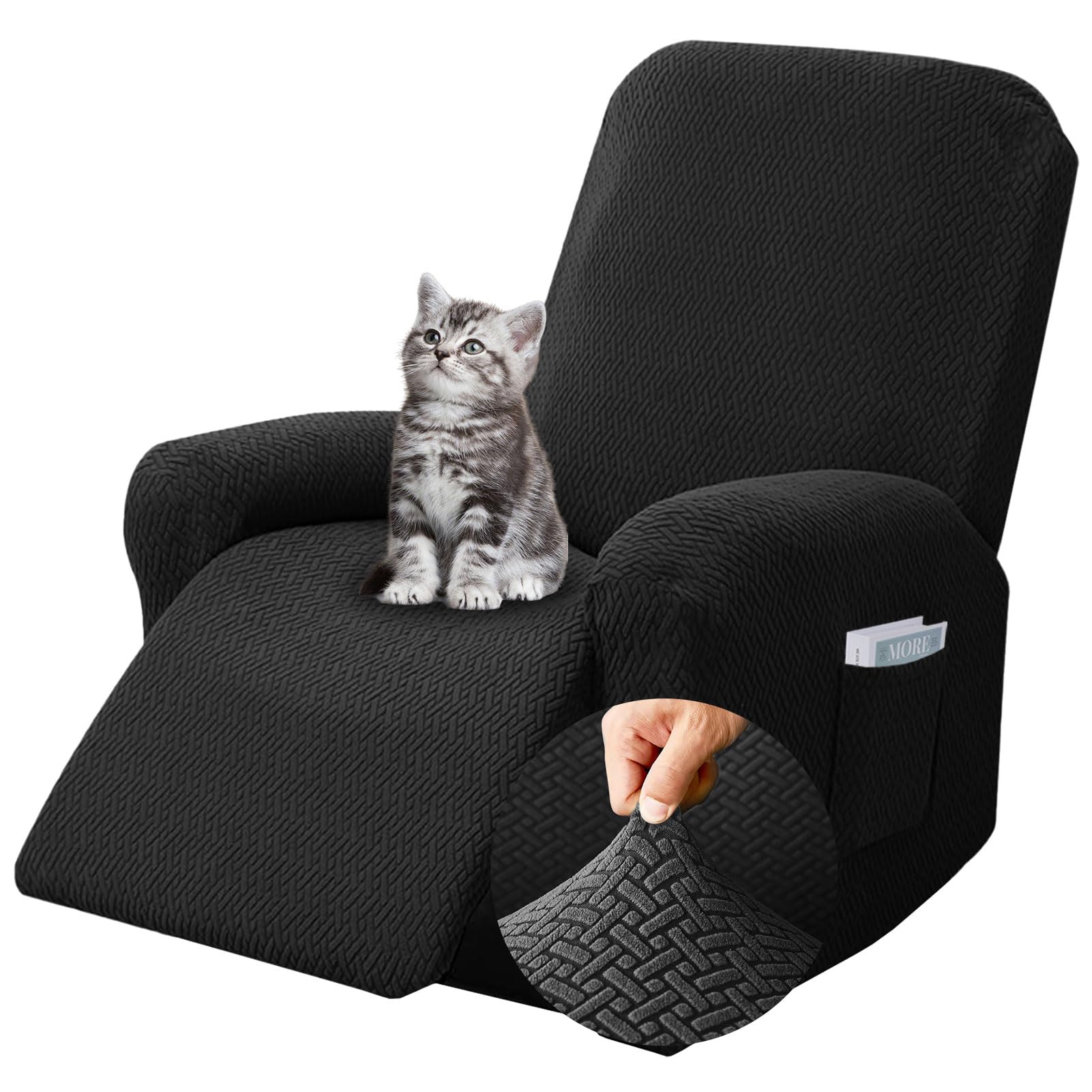 Coprisedia in 4 pezzi, coprisedia completa per poltrona relax, coprisedia per poltrona TV, coprisedia completa, fodera elasticizzata per poltrona con tasche (Nero-singolo sedile)