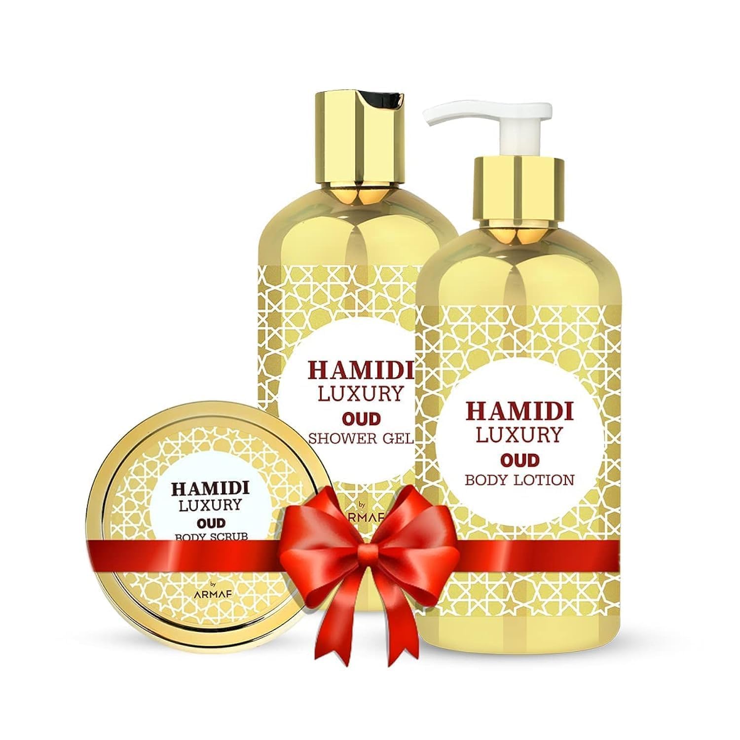 Hamidi Luxury Oud 3 Pieces Gift Set, 250ML Oud Body Scrub + 500ML Oud Body Lotion + 500ML Oud Shower Gel
