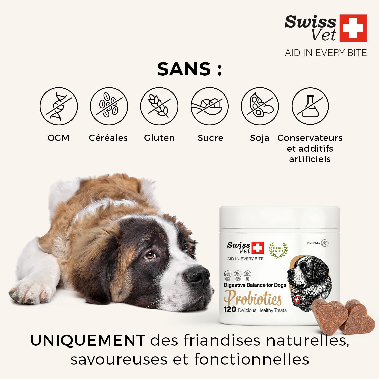 SwissVet Probiotique Chien - 60 Bouchées Flore Intestinale & Digestion - Prébiotiques (Inuline) & Bacillus Velezensis - Anti Diarrhée, Gaz & Ballonnements - Immunité & Transit Sain