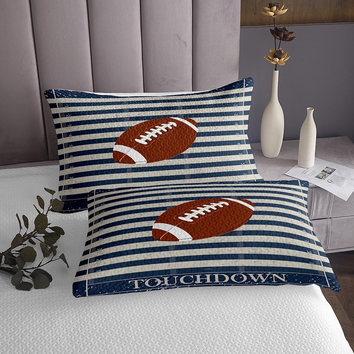 Erosebridal Football Court King Bedding Set,Boys Touch Down Bedspread Set for Kids Teens,Rugby Sports Ball Game Bed Set,Competitive Teamwork Coverlet Set 3 Pcs,Navy Blue Beige
