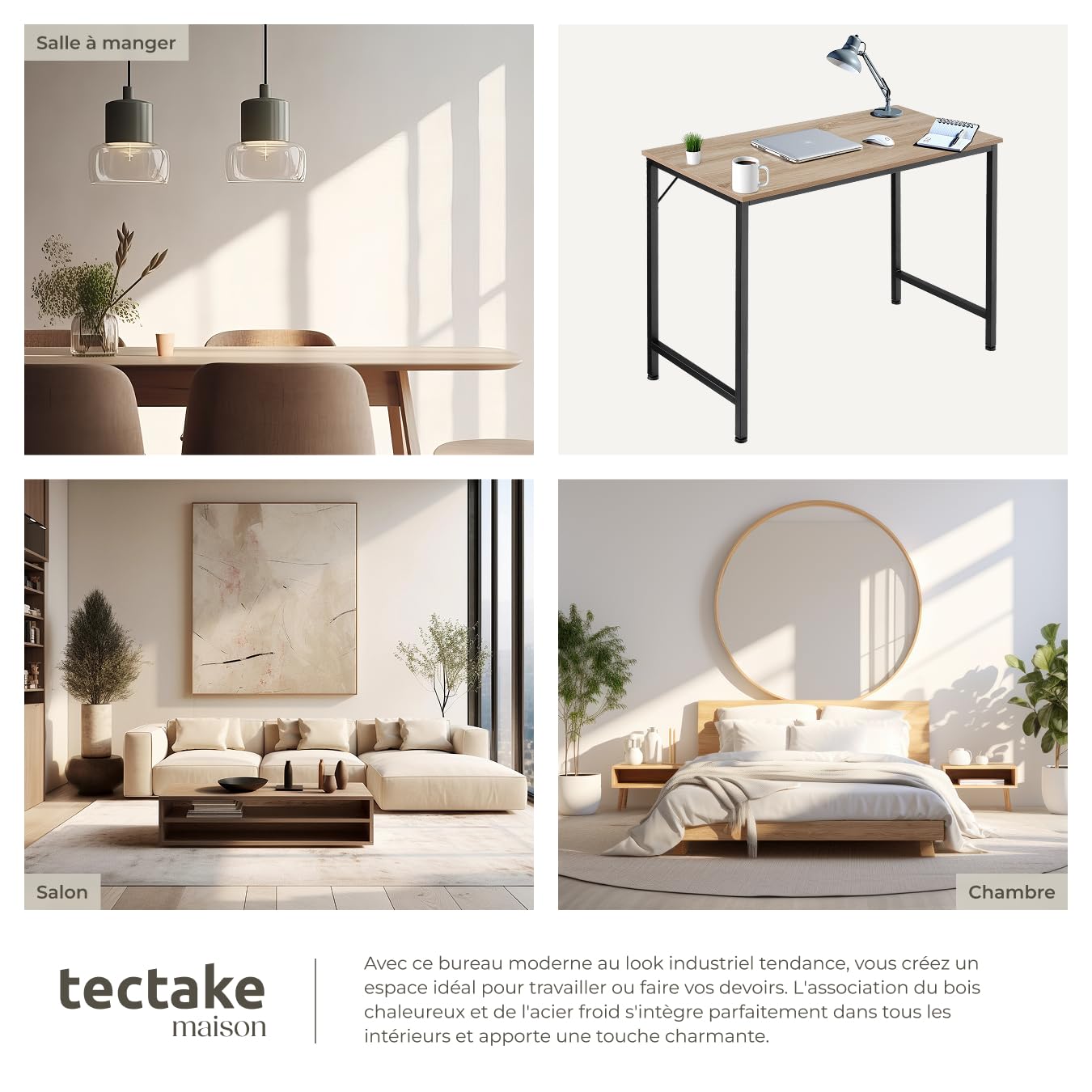 tectake® Table de Bureau Design Industriel en Bois MDF & Acier Bureau Ergonomique 100x50x75,5cm Bureaux Informatique Bureaux Ordinateur Teletravail - Bois Clair Industriel Chêne Sonoma