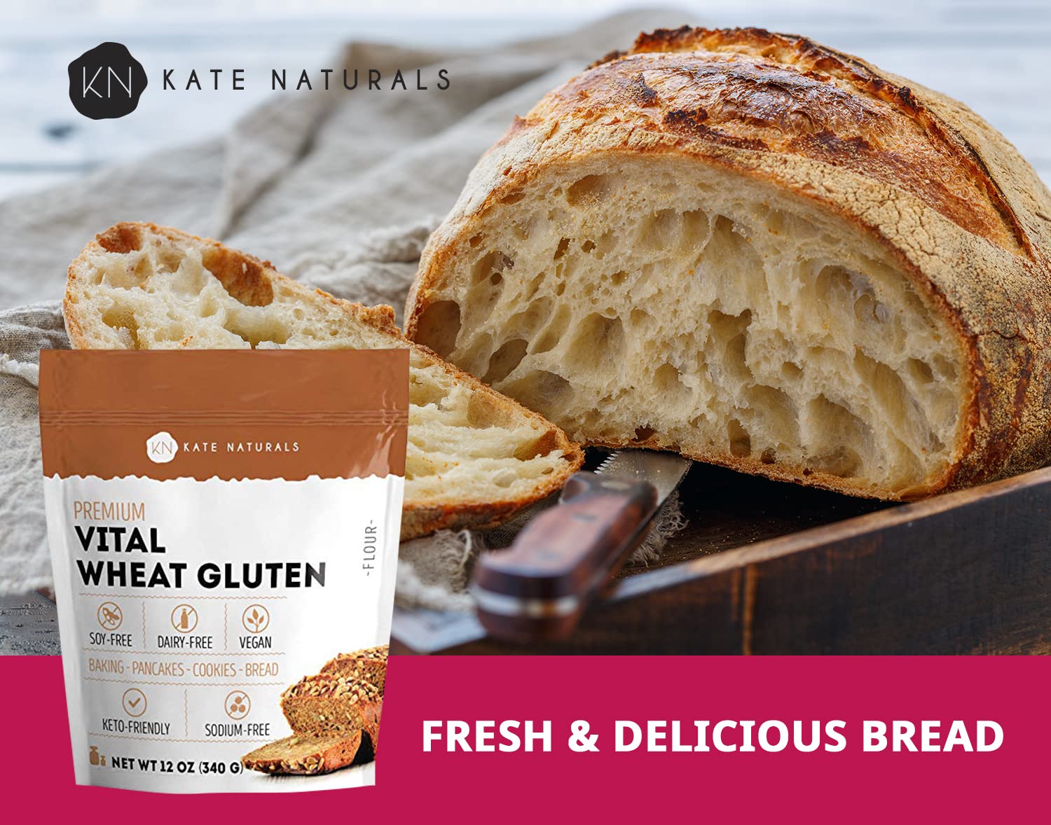 Vital Wheat Gluten for Bread Making, Baking & Seitan (12oz) - Kate Naturals. Natural Powder for Bread Machine. Non-GMO, High Protein Flour, Low Carb Bread for Vegan Gluten & Keto