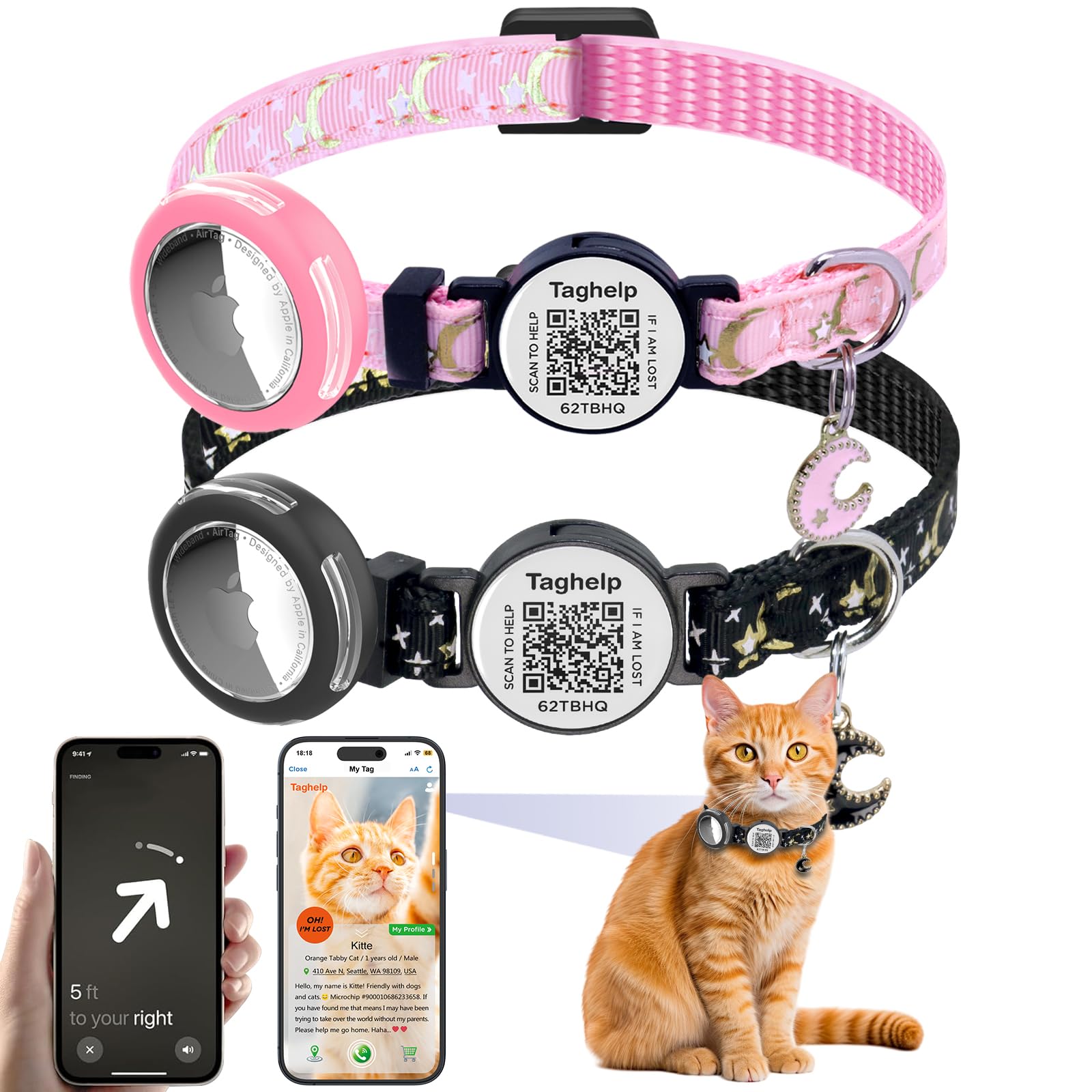 2-Pack Waterproof Breakaway Cat Collars with Moons & Stars Design - Adjustable Apple AirTag Holder & QR Code Safety Tracker for Cats & Kittens with