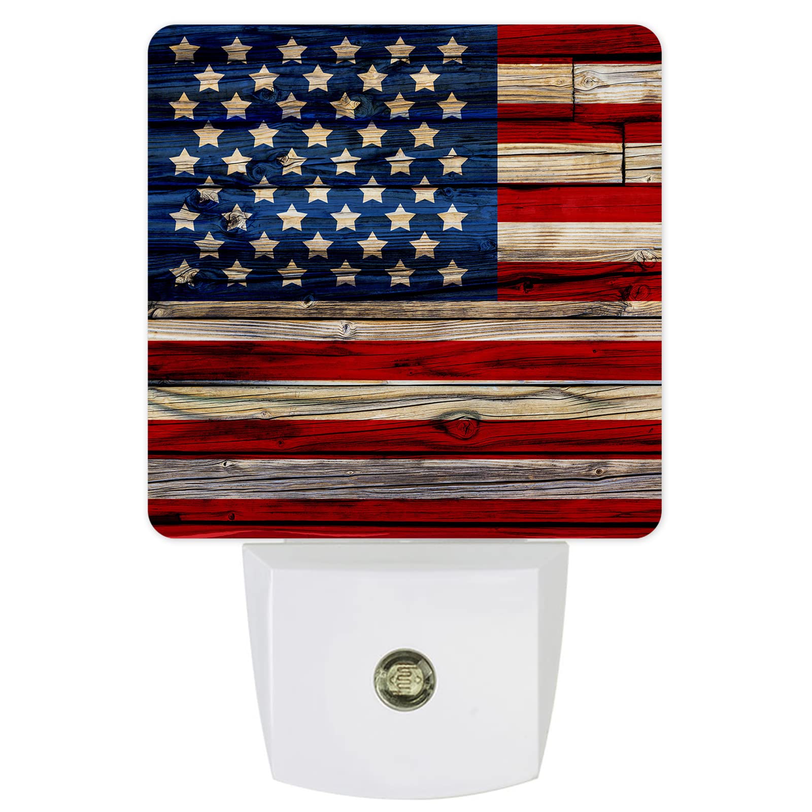 Independence Day 4th of July Plug-in LED Night Lights Rustic American Flag Auto Dusk-to-Dawn Sensor for Bedroom, Bathroom, Kitchen, Nursery, Hallway,