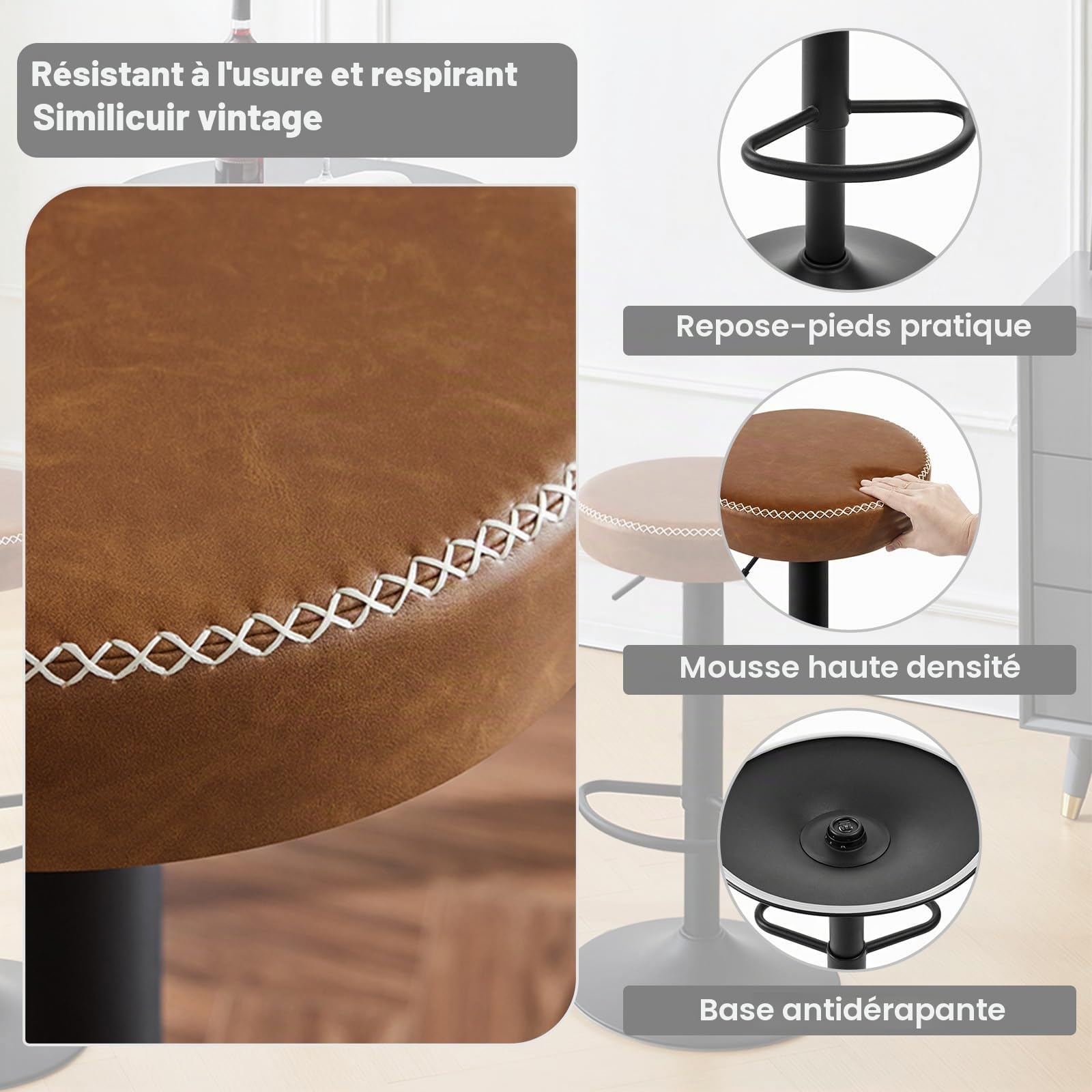 EUGAD Tabouret de Cuisine Haut Pivotant Avec Repose-Pieds, Bar Rond à Hauteur Réglable, Siège Rembourré en Similicuir Vintage, Marron, 1085BY-1