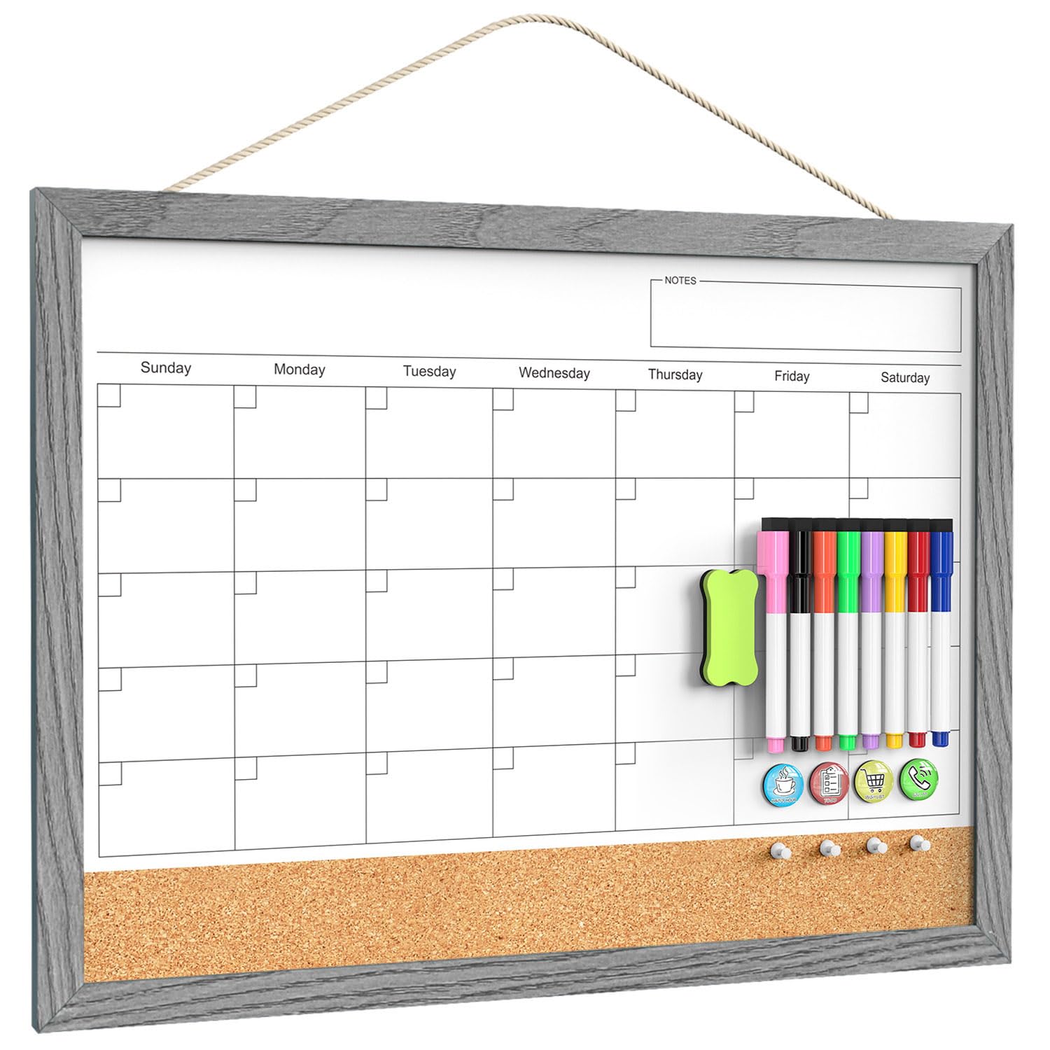 Calendar Whiteboard for Wall, 18x24 Inches Dry Erase Calendar Cork Board Combo, Magnetic Monthly White Board with Wood Framed, Hanging Dry Erase Board