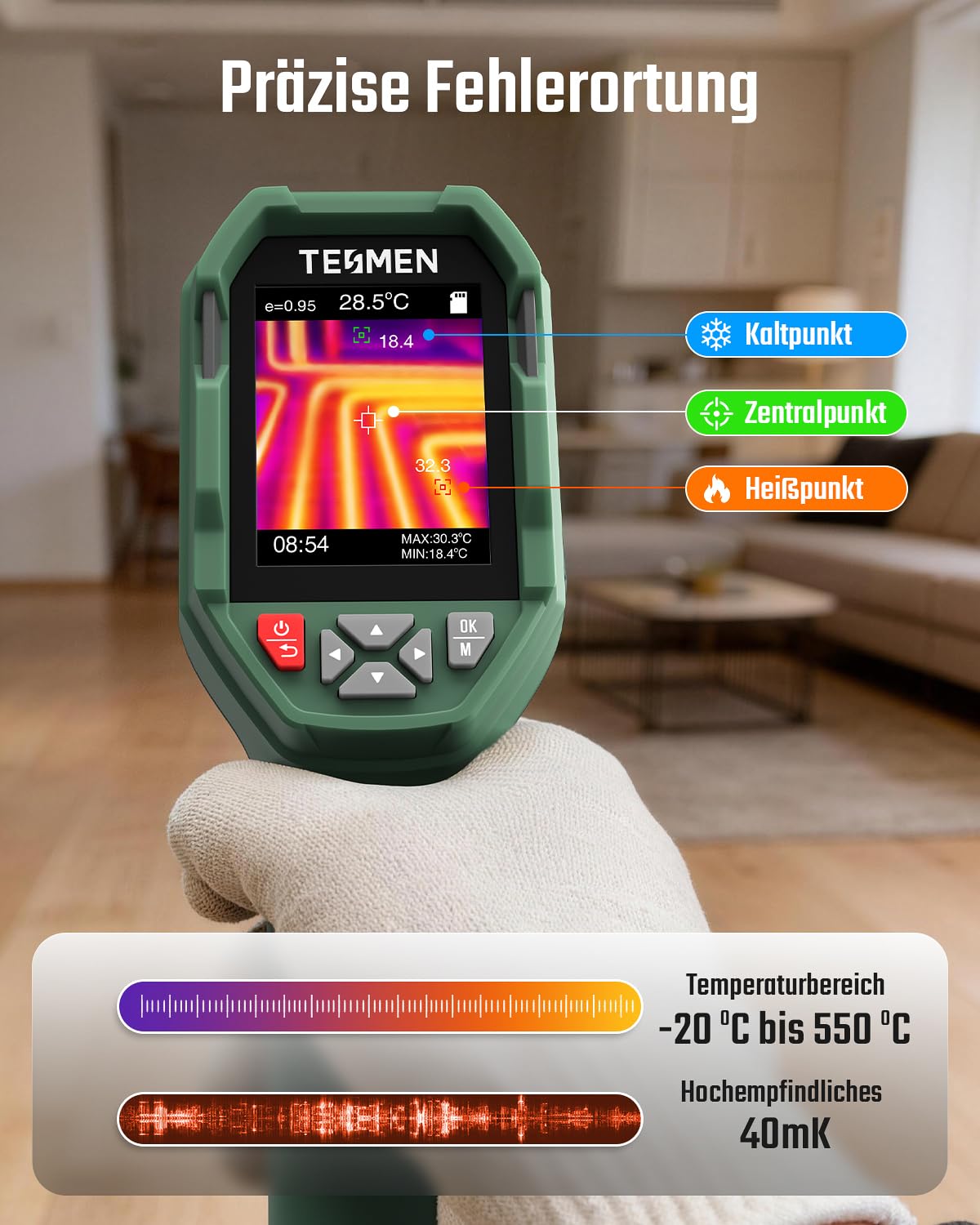 TESMEN TKA-6000 Wärmebildkamera, Handheld-Infrarotkamera, 240 x 240 IR-Auflösung, Bereich -20°C bis 550°C, 25 Hz Thermokamera, Ultra-empfindlich 40 mK, Live-Tracking für HVAC & Hausinspektion
