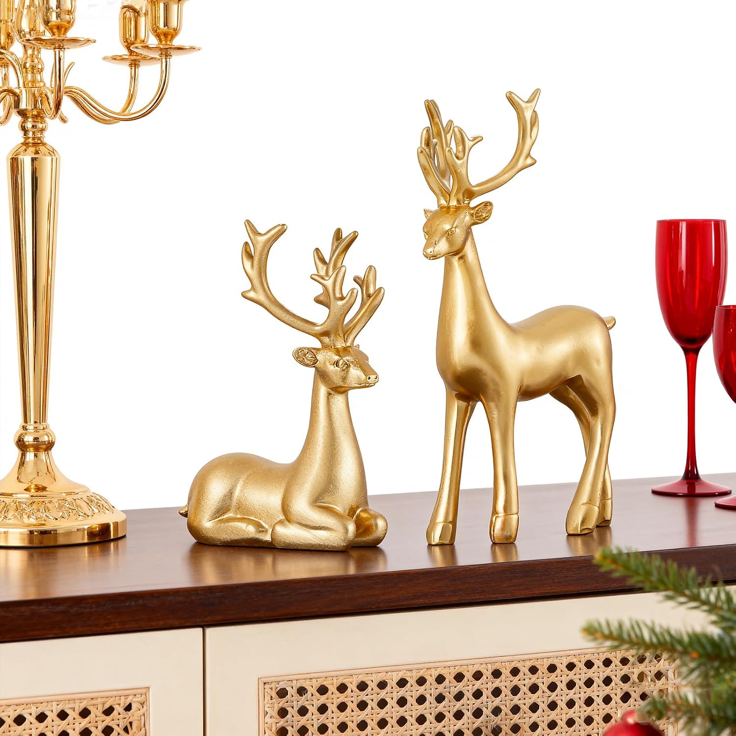 2Pcs Christmas Resin Deer Figurine, Sitting and Standing, Golden Reindeer Figurines. Perfect for Rustic Christmas Home Decor, Around The Dining Table, Fireplace or Bedroom (Gold)