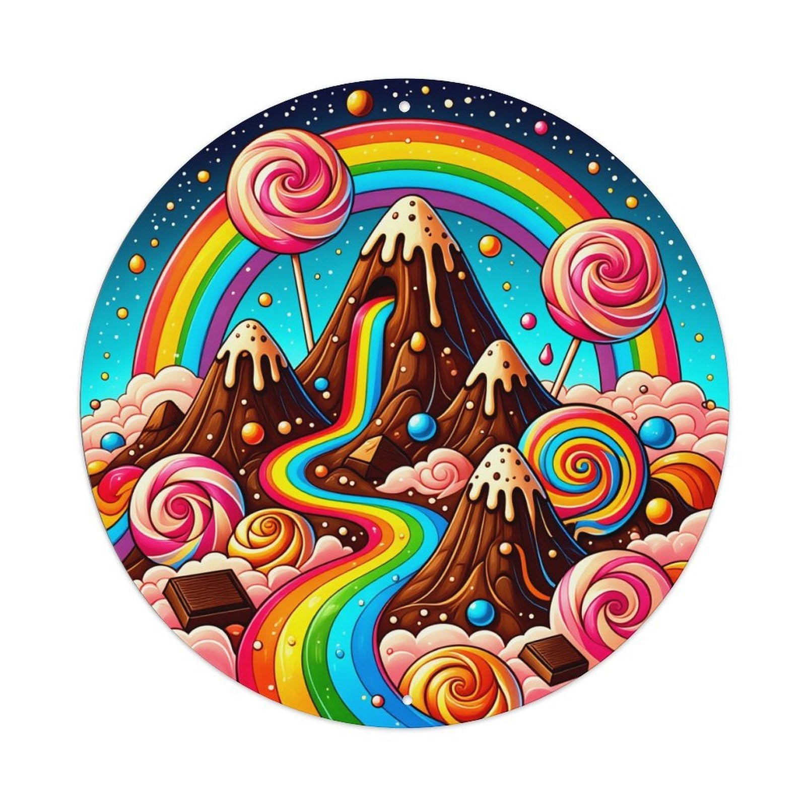 Candy Mountains Rainbow Lollipops Chocolate Round Tin Sign Vintage Metal Poster, Home Bar Garage Man Cave Cafe Indoor & Outdoor Wall Decoration 8x8Inches