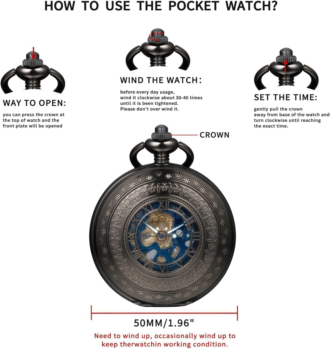 Steampunk Pocket Watch Skeleton Mechanical Gear Hand-Wind Roman Numerals Antique Chain Mens