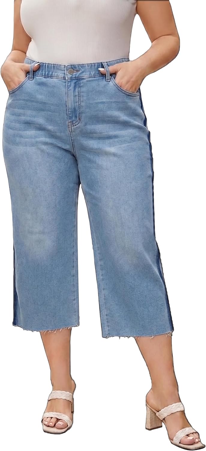 Women's Plus Size Wide Leg Capri Jeans with Braided Side Stripe, High Waisted Stretchy Baggy Boyfriend Curvy Jeans