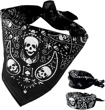 Black Bandana Skull Scarf - Double-Sided Cotton Pirate Head Wrap for Men & Women, 55x55cm Novelty Neckkerchief, Halloween Costume Accessory, Unisex Breathable Headscarf