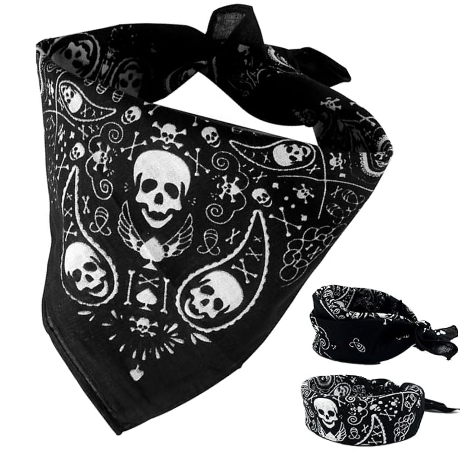 BOBOZHONG Black Bandana Skull Scarf - Double-Sided Cotton Pirate Head Wrap for Men & Women, 55x55cm Novelty Neckkerchief, Halloween Costume Accessory, Unisex Breathable Headscarf