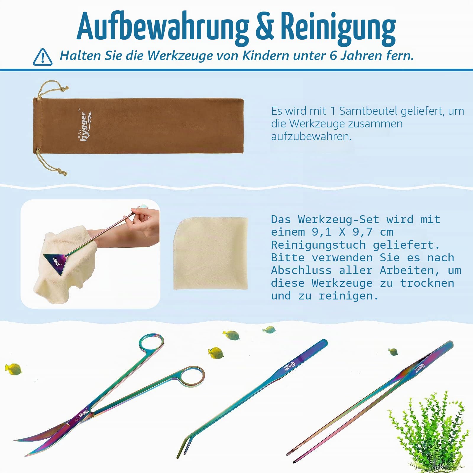 hygger 6-in-1 langes Aquarium-Aquascaping-Werkzeug-Set, Farbe Edelstahl, Premium-Wasserpflanzen-Pinzette, Schere, Spatel-Set, kommt mit 1 Werkzeughalter und 1 Reinigungstuch, für Aquarium-Anfänger