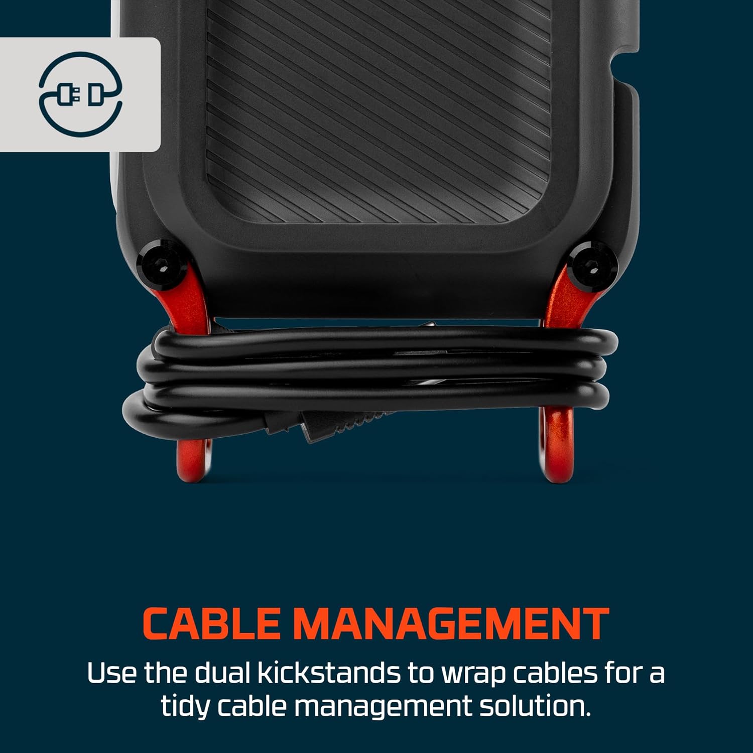 Close-up of the NEBO Rambler 20K Power Bank showing a cable neatly wrapped around its extended kickstands for storage.