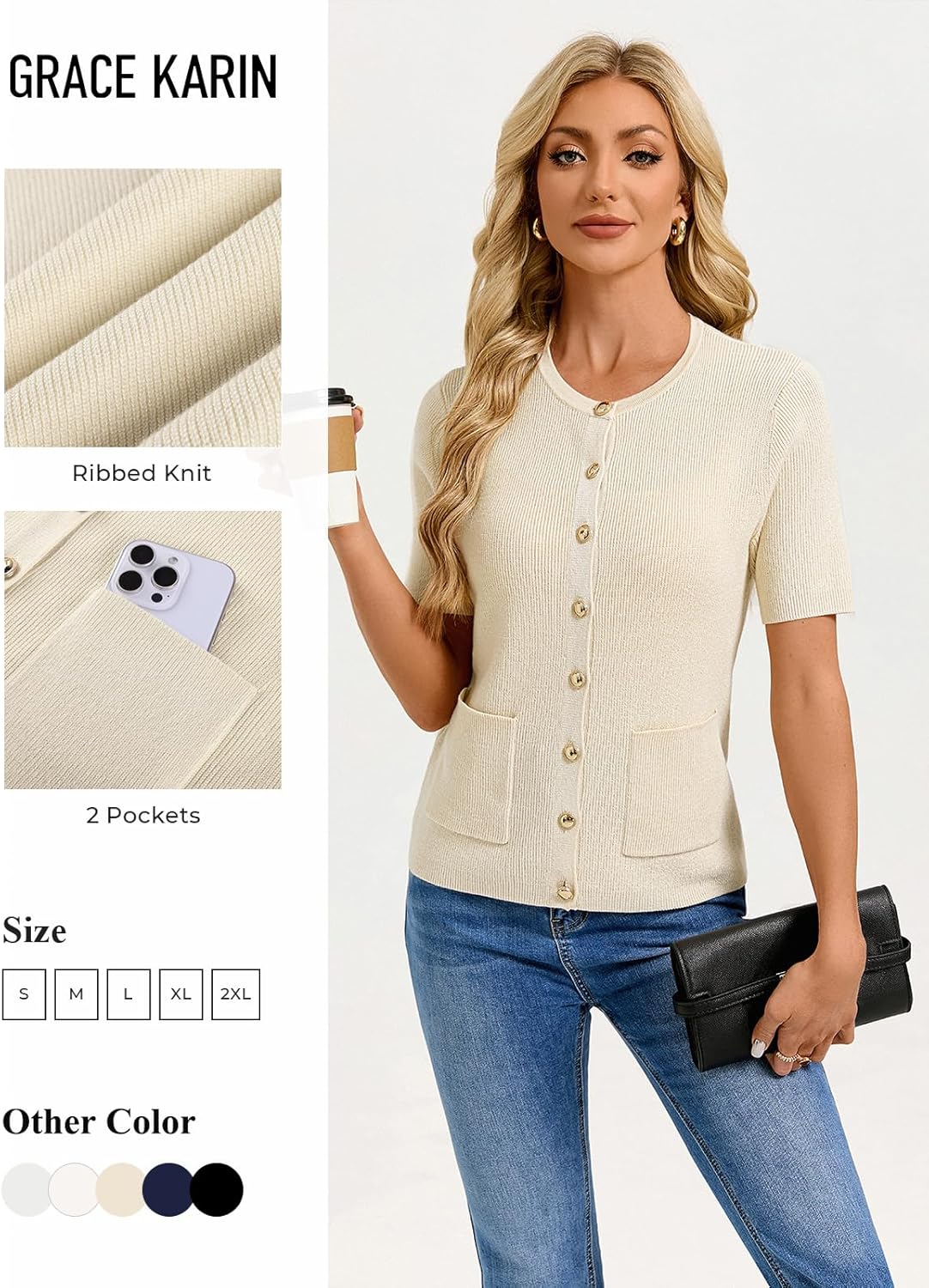 GRACE KARIN Short Sleeve Cardigans for Women, Lightweight Spring Cardigans 2026, Button Up Sweaters with Pockets - Image 5