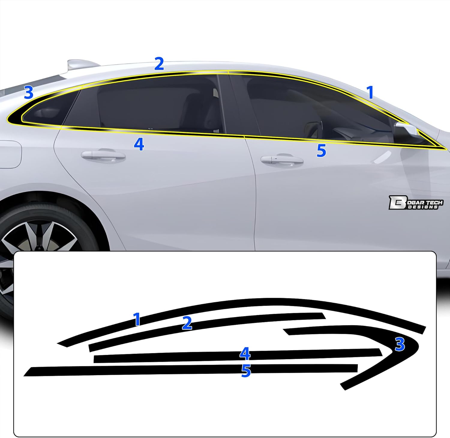 BOGAR TECH DESIGNS for Chevrolet Malibu 2019-2025 Side Window Chrome Delete – Precut Vinyl Trim Overlay, Gloss Black Blackout Appearance