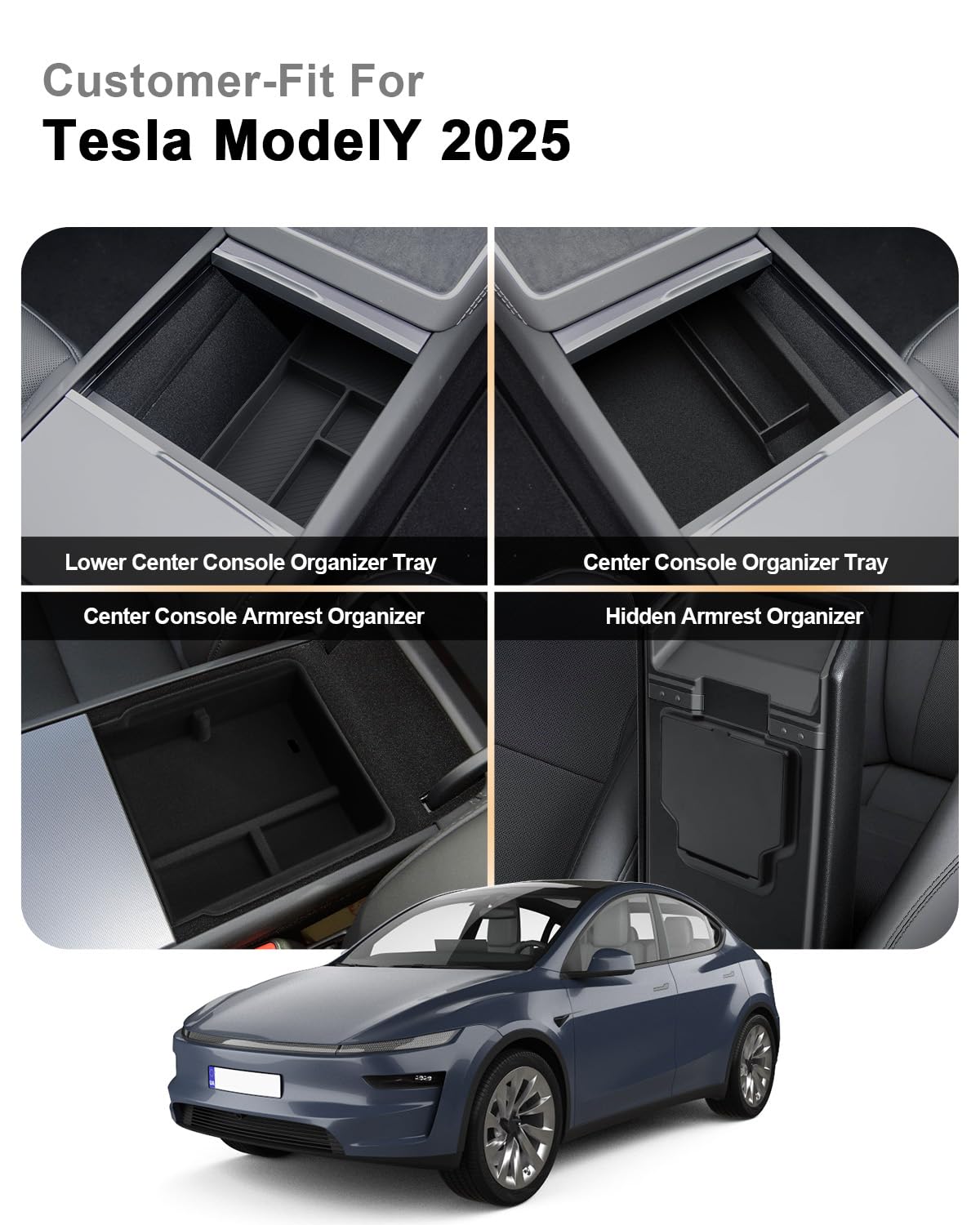 ECOZEN 4PCS Tesla Model Y 2025 2026 Juniper Organizer Consolle Centrale organizer per sotto la console centrale Vano portaoggetti nascosto Vassoio portaoggetti per bracciolo(floccato) ModelY Accessori