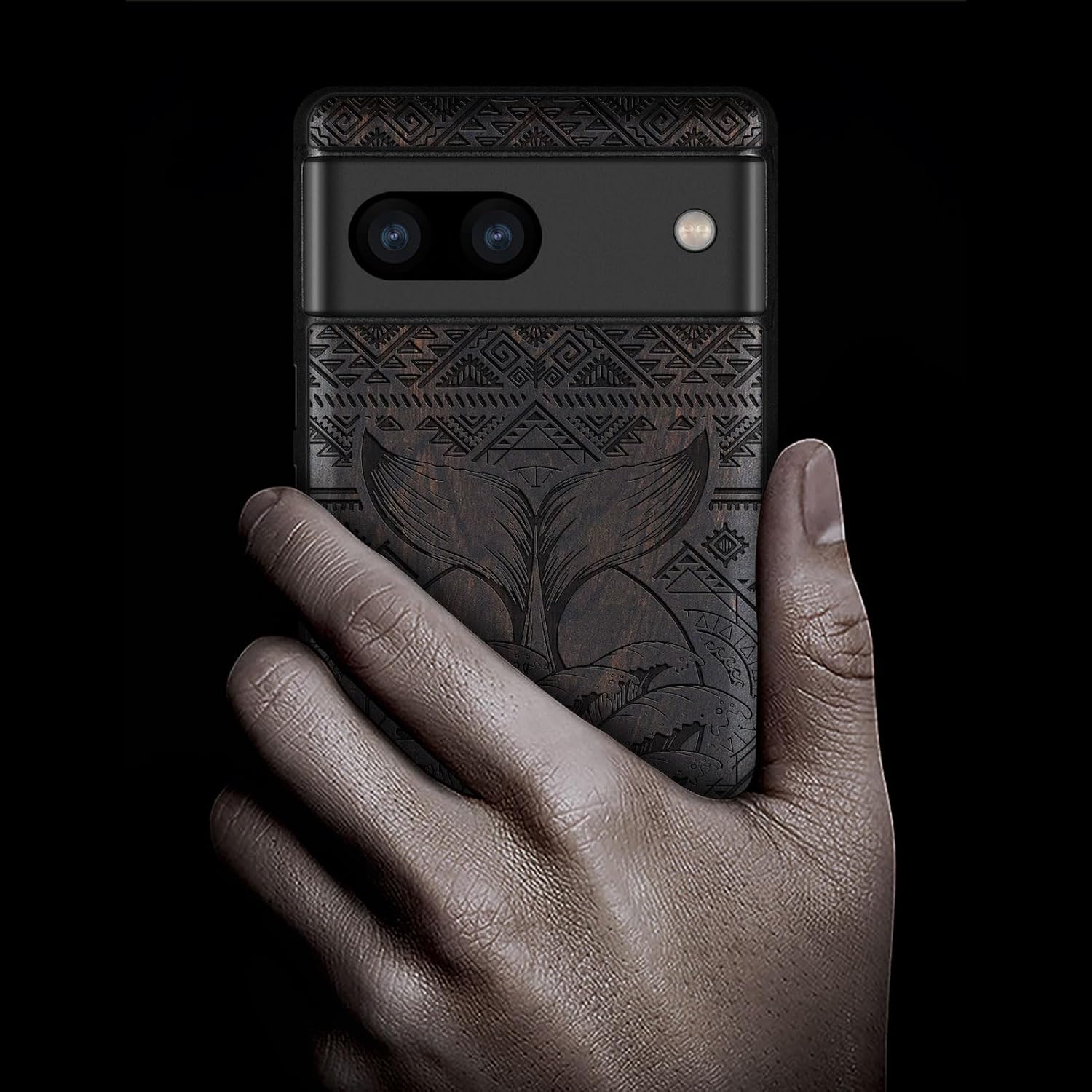 Carveit Wood Case for Pixel 7a Case [Natural Wood & Black Soft TPU] Shockproof Protective Cover Unique Wooden Phone Case Compatible with Google Pixel 7a (Whale Tail-Blackwood)