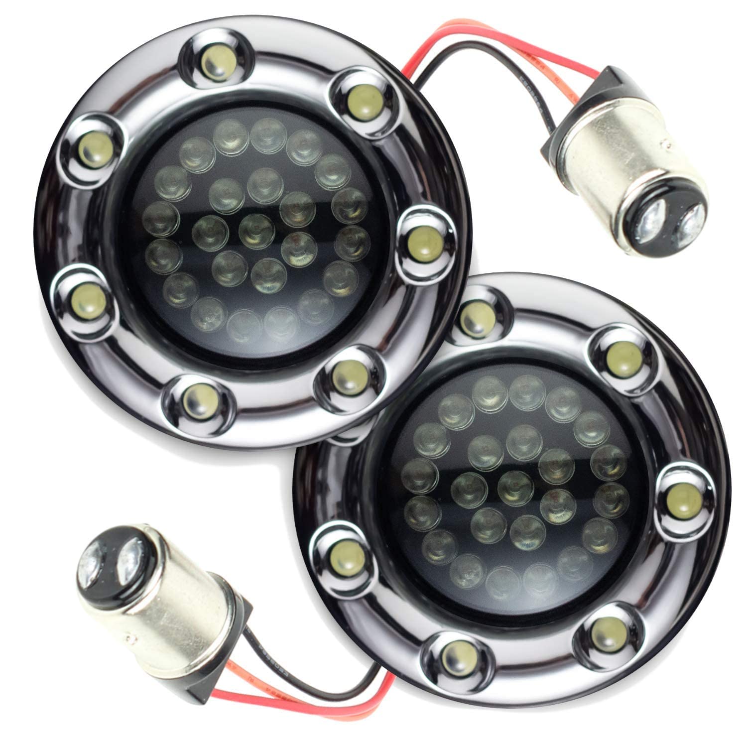 Photo 1 of **NEW** Eagle Lights 2” Bullet Rear LED Turn Signals w/Running and Brake Lights LED Ring Covers for Harley Davidson - (2) Rear Turn Signals Rear (1157 Base) Chrome