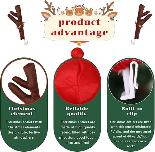 Miniatura 3 de 3 piezas de decoración de cuernos de Navidad para automóvil, cuernos de alce de Navidad con campanas y cintas, kit de decoración de creatividad